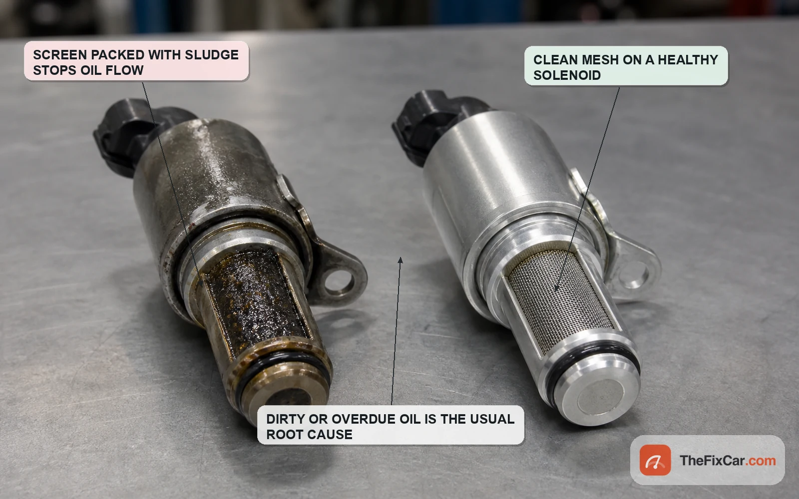 A VVT solenoid with its filter screen packed with sludge next to a clean solenoid, with callouts explaining why oil condition matters