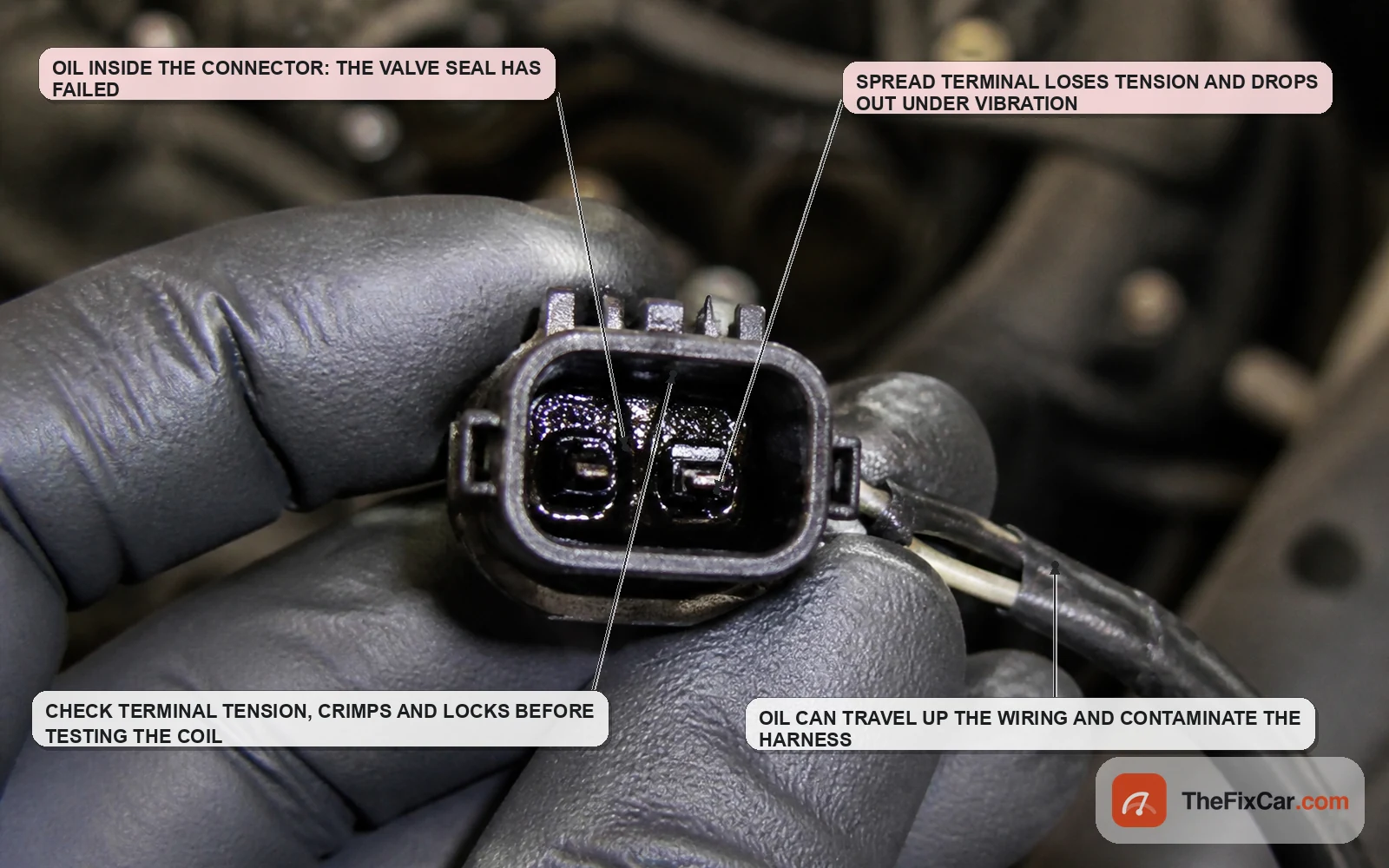 Unplugged VVT solenoid connector showing engine oil inside the cavity and a spread terminal