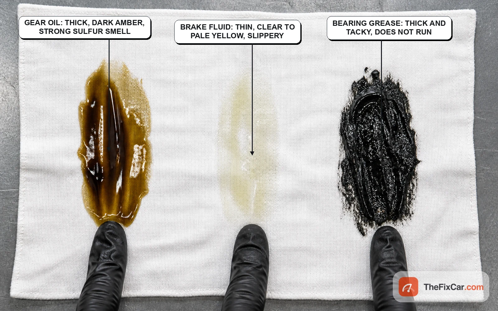 White shop rag with three wipe marks compared side by side: dark amber gear oil, thin pale brake fluid, and black tacky bearing grease