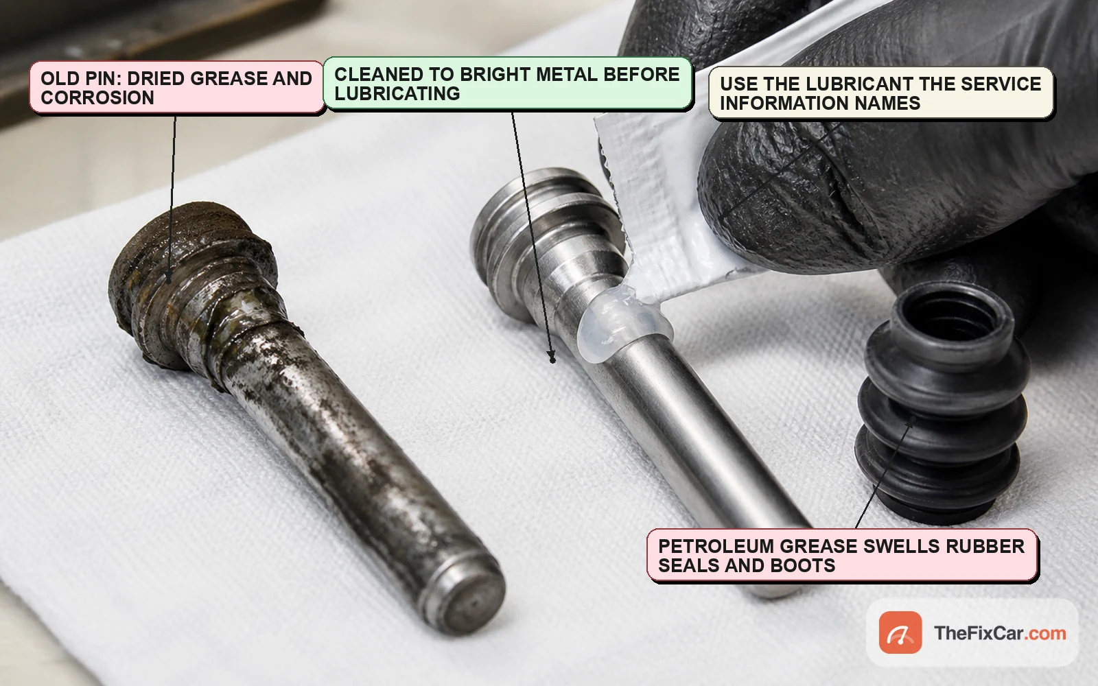 Corroded caliper guide pin beside a cleaned pin being lubricated, with a new rubber pin boot alongside