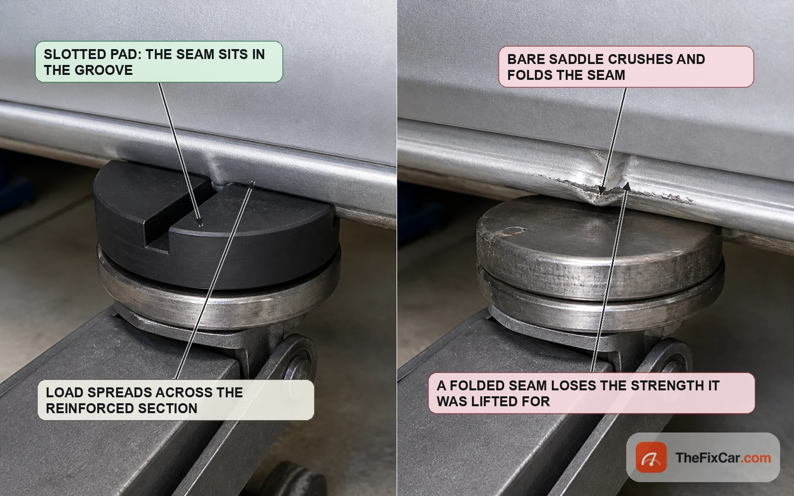 Slotted rubber jack pad seating a pinch weld correctly beside a bare jack saddle folding an identical seam