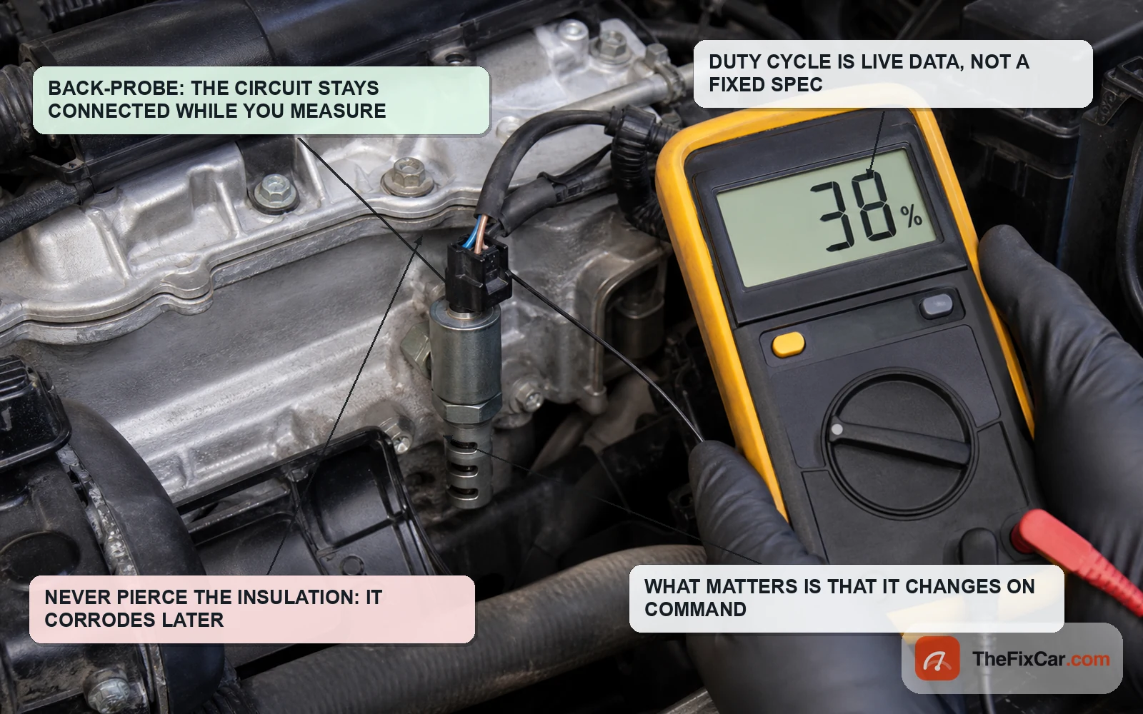 Back-probing a connected VVT solenoid connector while a meter reads 38 percent duty cycle
