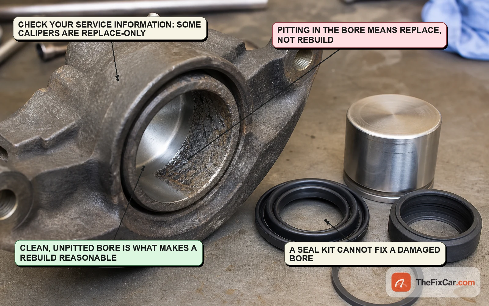 Brake caliper with the piston removed showing a pitted bore, next to a seal kit with a new piston and seals