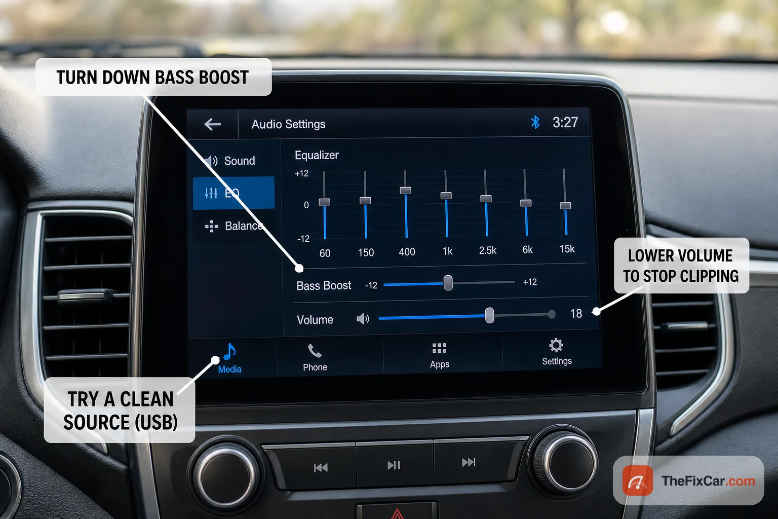 Car head unit audio settings screen with callouts to turn down bass boost, lower volume to stop clipping, and try a clean USB source