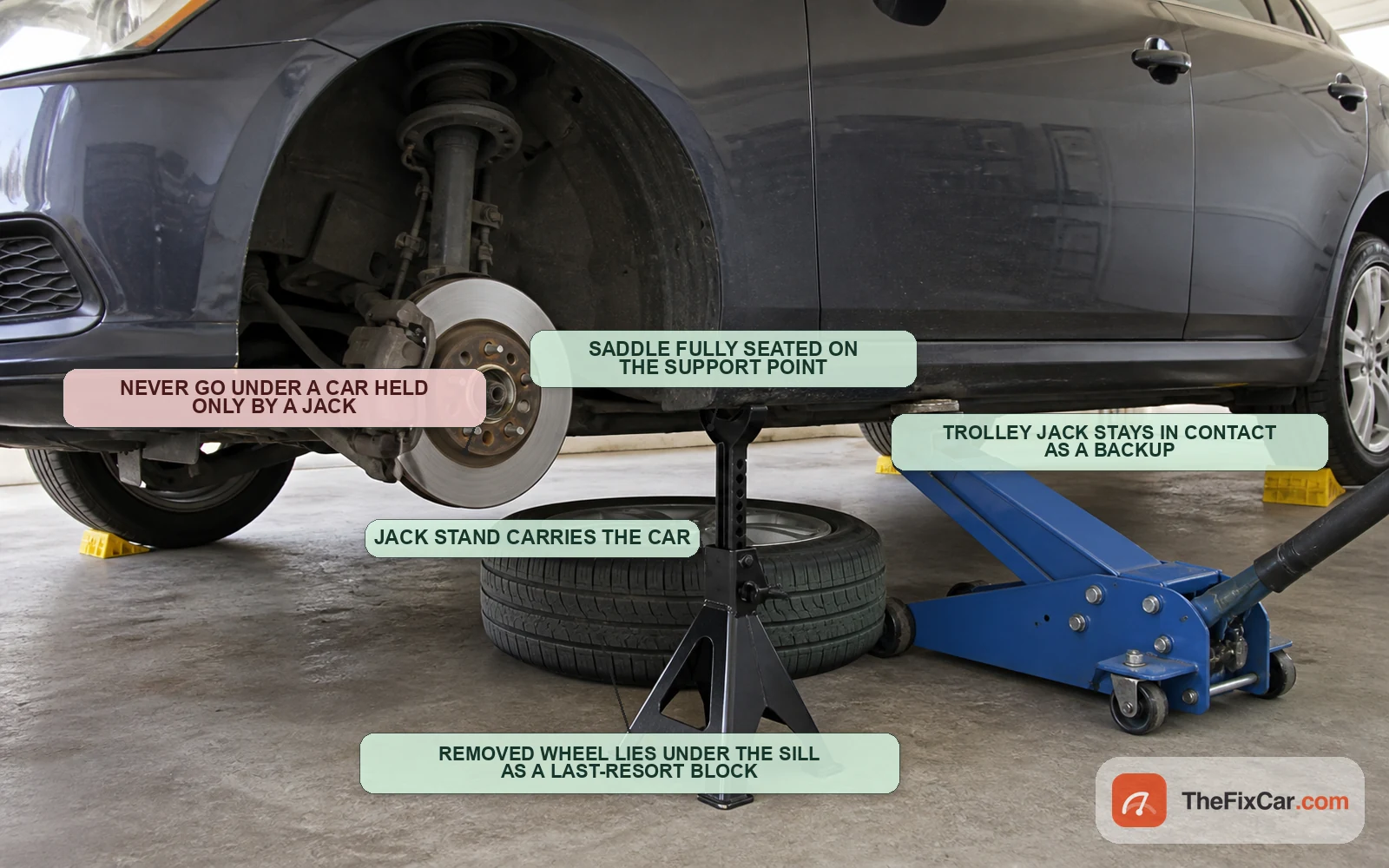 Jack stand supporting a raised car with the trolley jack left in place and the removed wheel under the sill