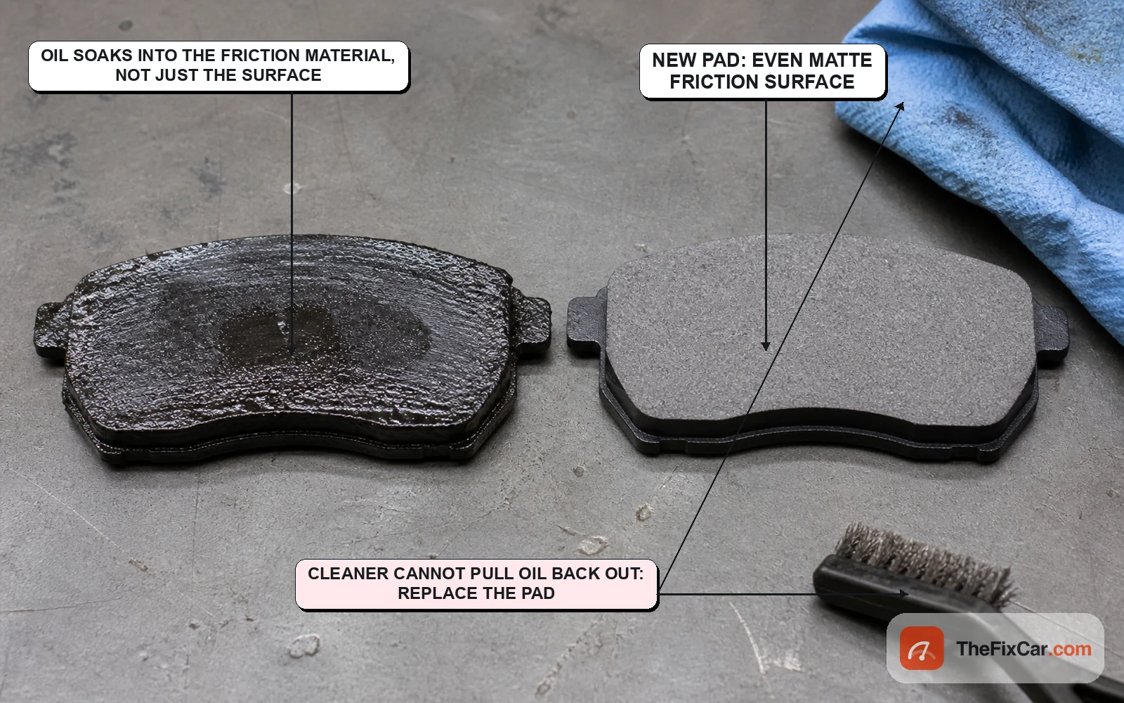 Oil-soaked brake pad next to a clean new pad, with a callout explaining that cleaner cannot pull oil back out of the friction material
