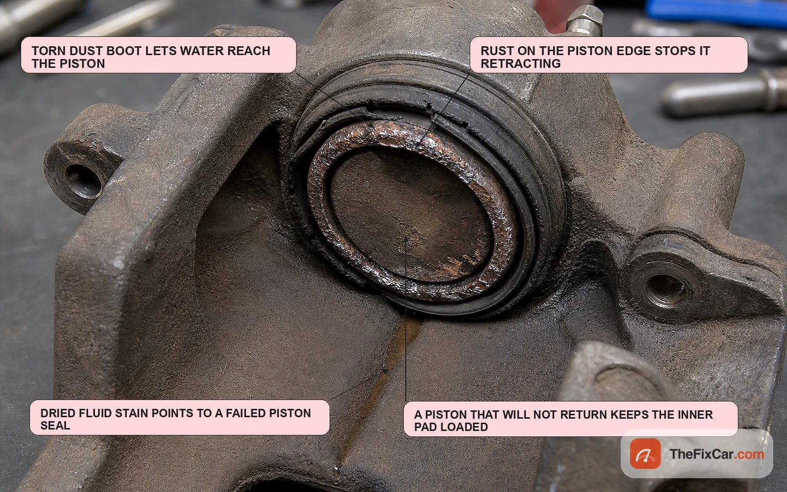 Brake caliper piston with a split dust boot, rust on the piston edge and a dried brake fluid stain below