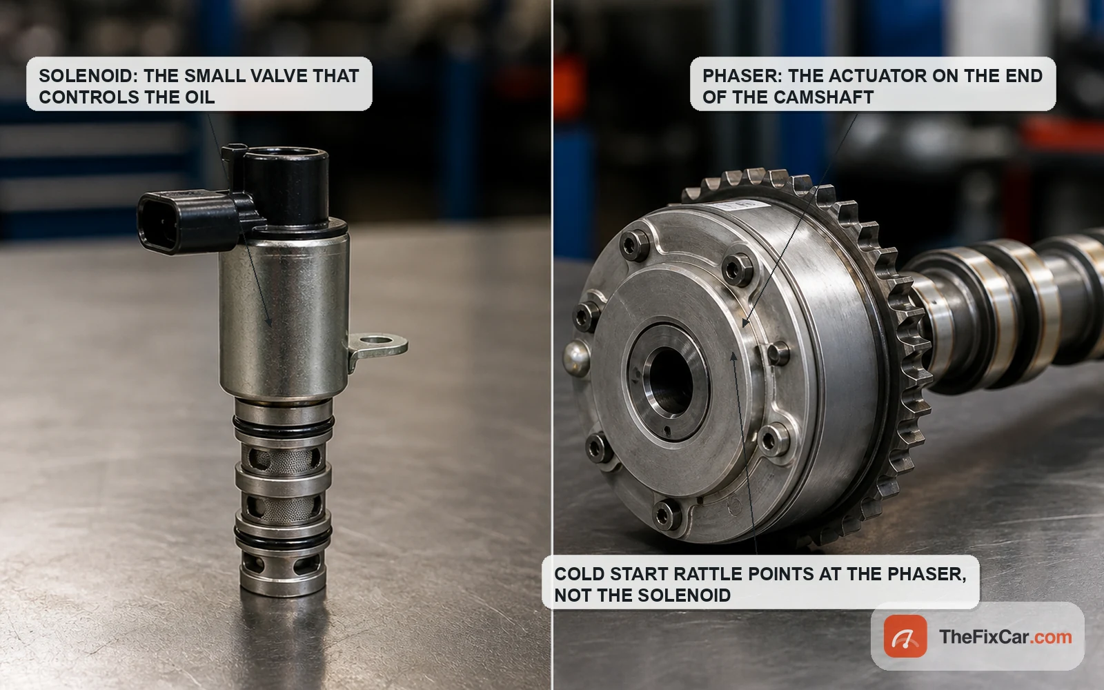 Side by side comparison of a small VVT oil control solenoid and a cam phaser mounted on a camshaft, with callouts naming each part