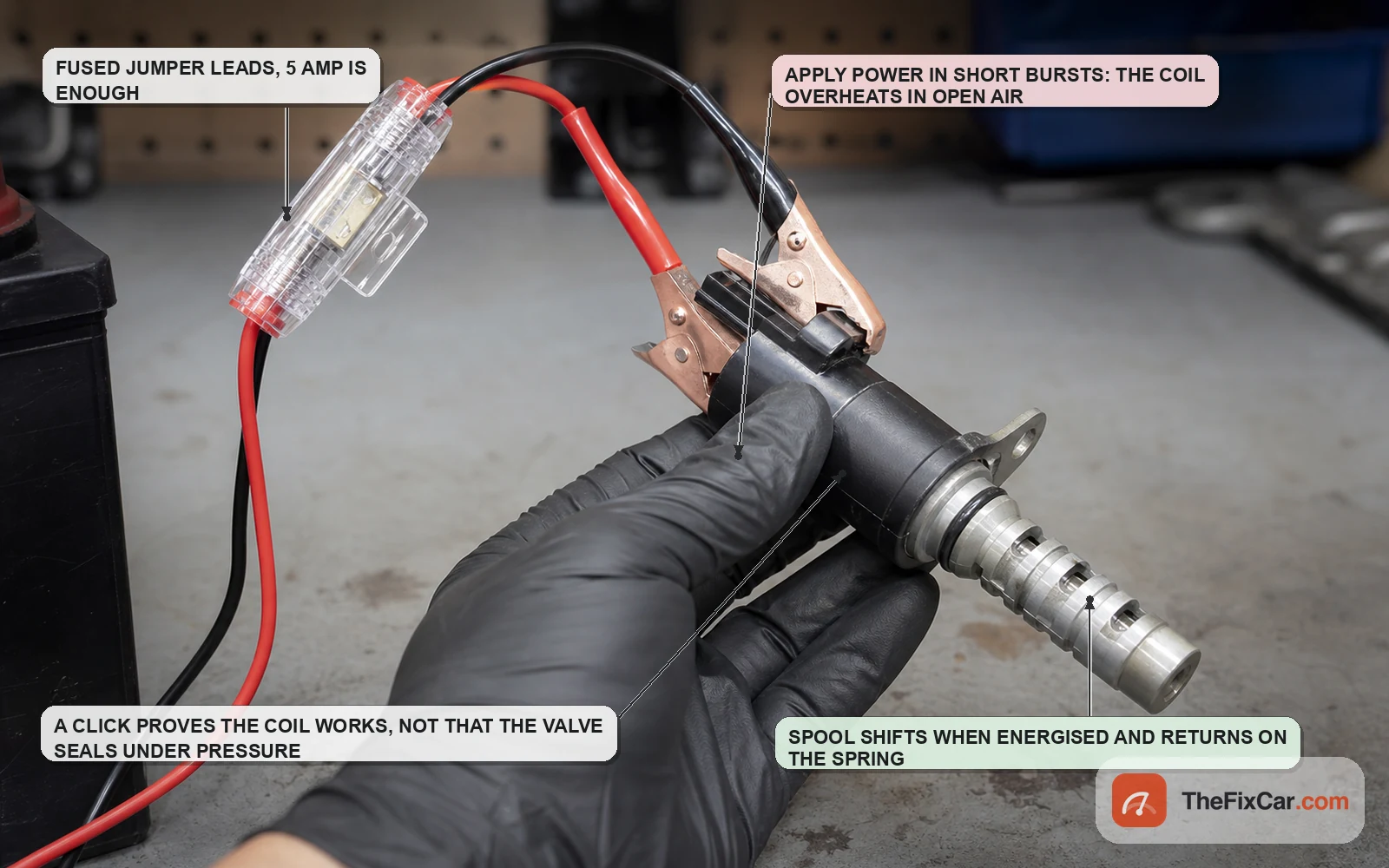 Fused jumper leads energising a VVT solenoid on the bench with the spool extended at the valve tip