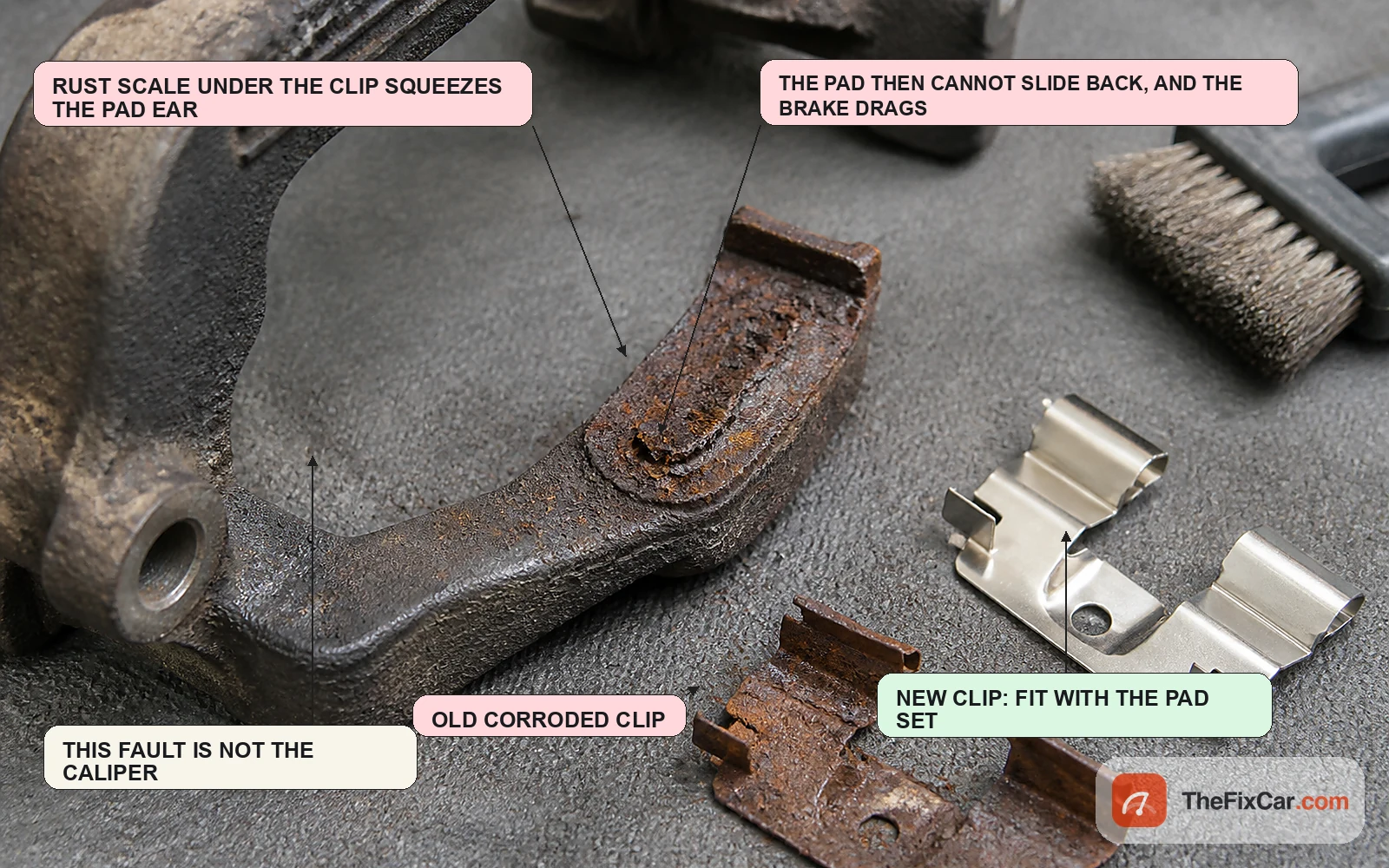 Corroded caliper bracket abutment with rust scale beside a rusted abutment clip and a new bright clip