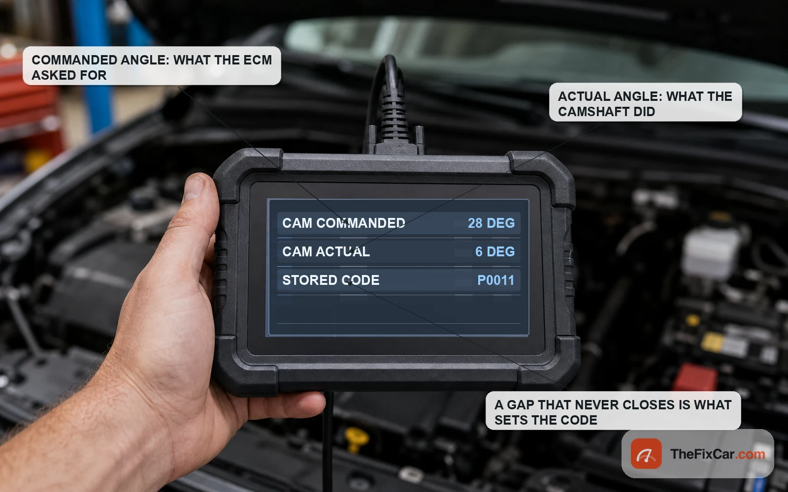 Scan tool showing commanded and actual camshaft angle with a stored P0011 code, with callouts explaining how the gap sets the code