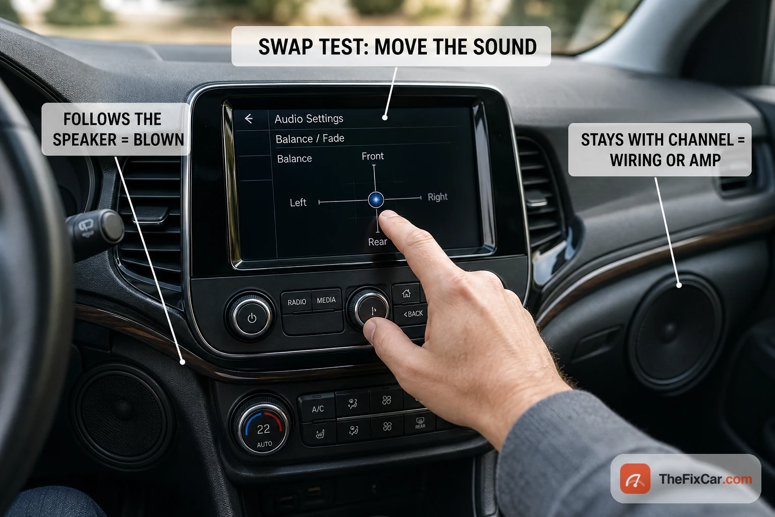 Using the balance and fade control to run a speaker swap test: if the noise follows the sound it is the speaker, if it stays with the channel it is wiring or the amp