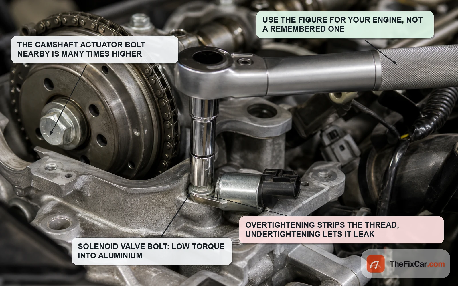 Torque wrench on the small VVT solenoid retaining bolt next to a much larger camshaft actuator bolt