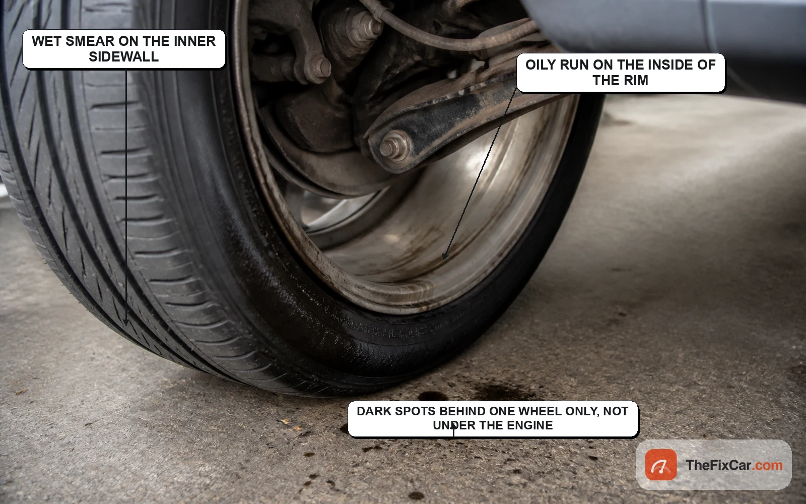 Rear wheel viewed from behind with callouts pointing to a wet inner sidewall, an oily run inside the rim, and dark spots on the ground