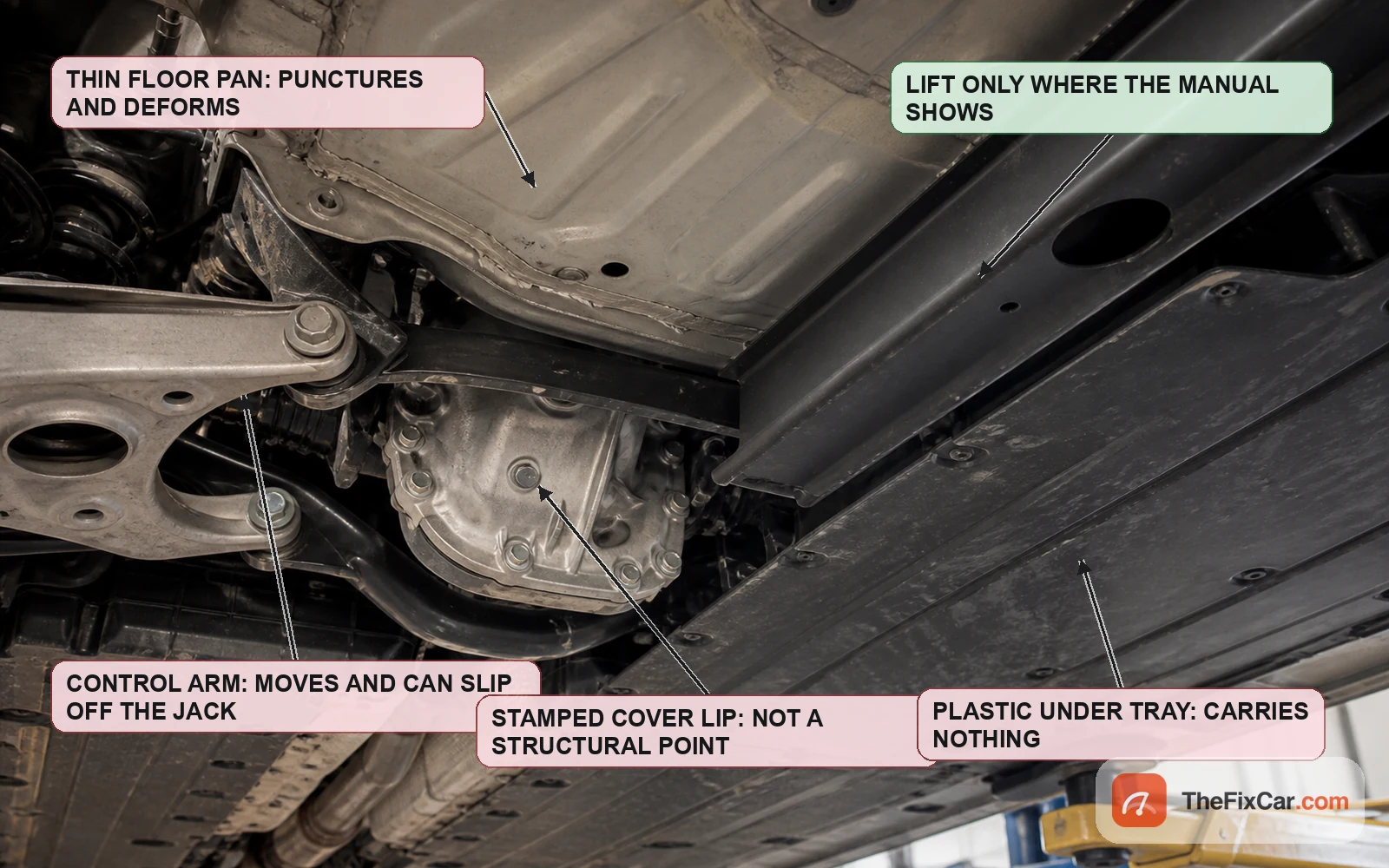 Car underbody showing floor pan, control arm, stamped cover lip and plastic tray marked as unsuitable lift points