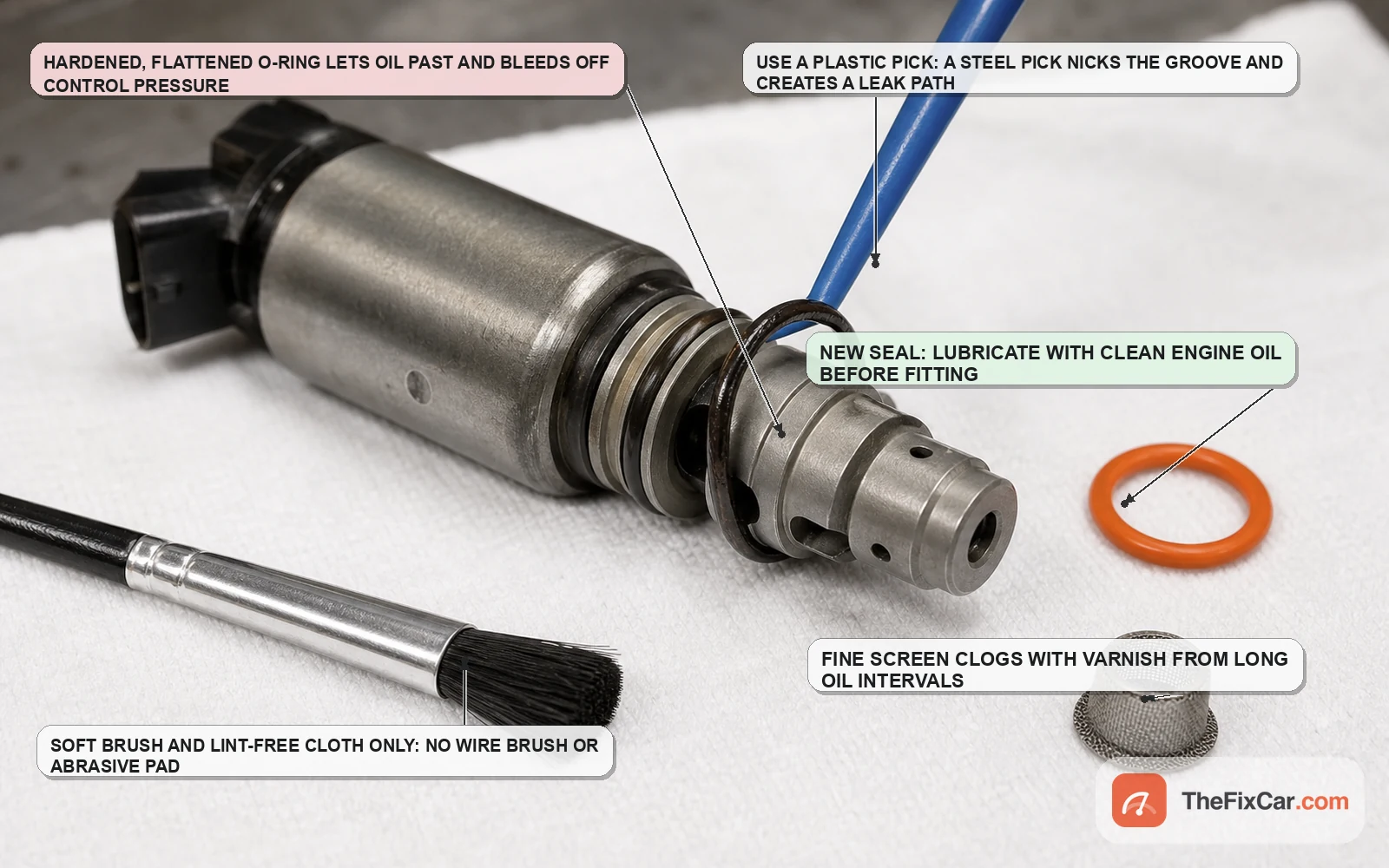 Plastic pick lifting a hardened O-ring from a VVT solenoid groove beside a new O-ring, filter screen and soft brush