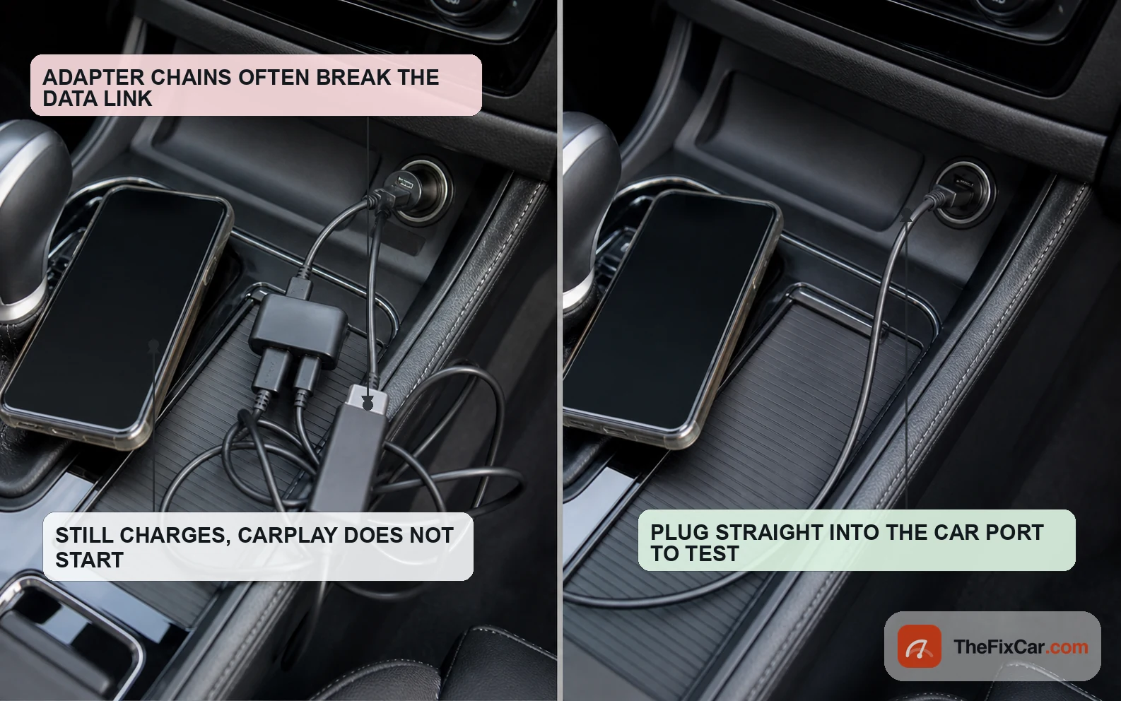 Side by side comparison showing a phone connected through stacked adapters and a hub that charges but does not start CarPlay, next to the same phone plugged straight into the car USB port