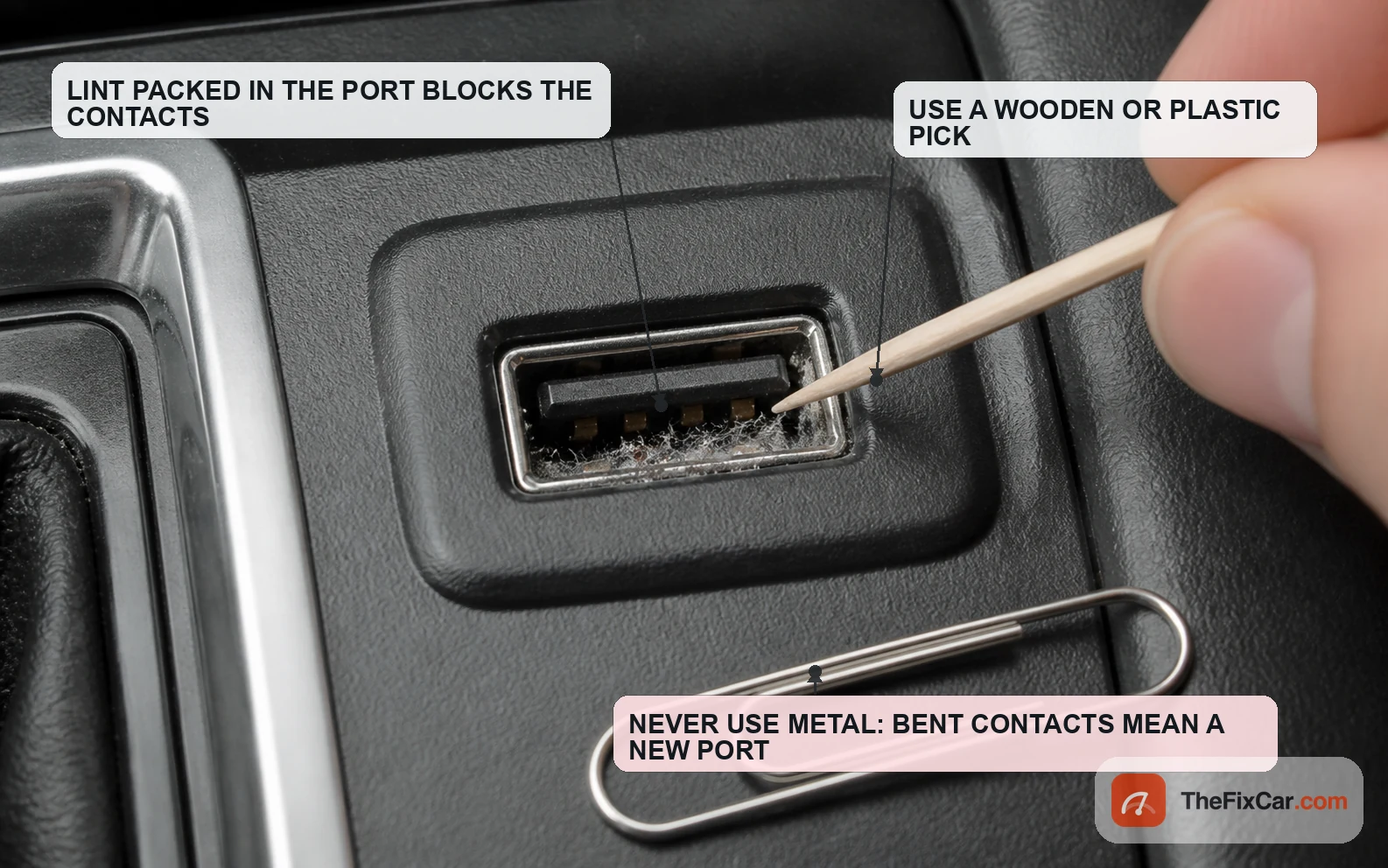 Macro view of a car USB socket packed with pocket lint being cleaned with a wooden toothpick, with a metal paperclip marked as the wrong tool