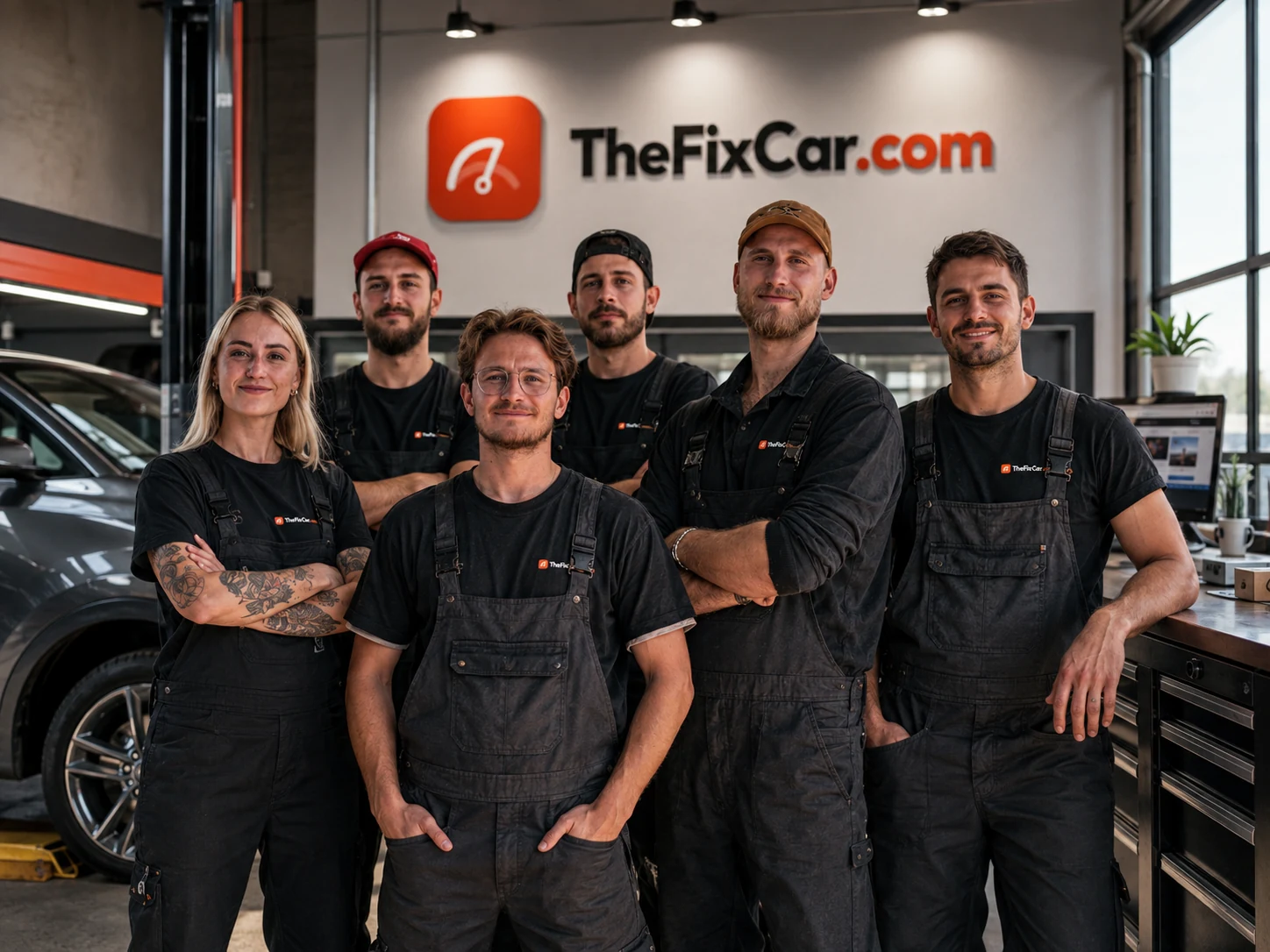 The TheFixCar workshop bay, with the team in work overalls in front of the workshop sign