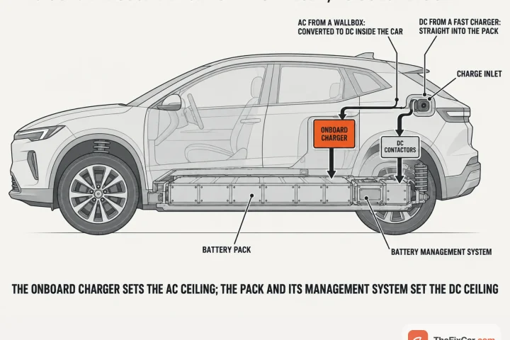 Cutaway drawing of an electric crossover showing the charge inlet, the onboard charger in orange, DC contactors, the battery pack and its management system, with the AC and DC paths marked