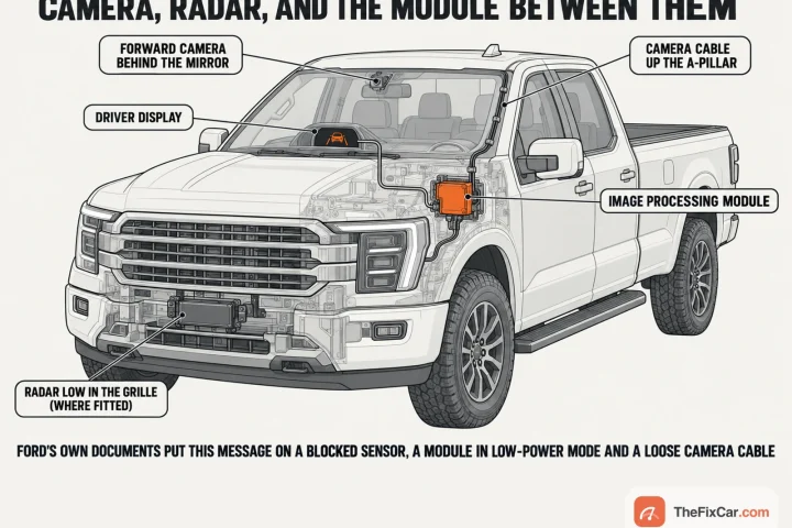 Cutaway drawing of a pickup truck showing the forward camera behind the mirror, a radar low in the grille, the image processing module in orange behind the dash and the camera cable up the A-pillar