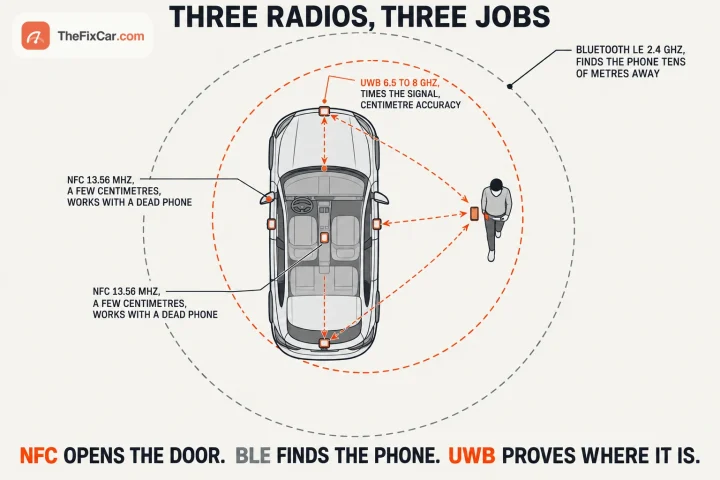 Drawing of a car from above with three radio zones: NFC contact spots at the door handle and console, a wide grey Bluetooth LE circle and a tight orange UWB ranging circle around a person with a phone