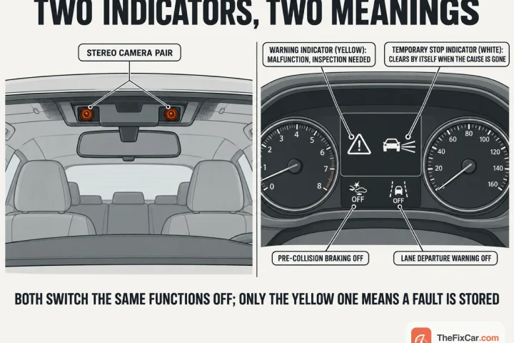 Drawing of a twin stereo camera pair at the top of a windshield beside the mirror, and an instrument cluster with a yellow warning indicator, a white temporary stop indicator and two OFF lamps