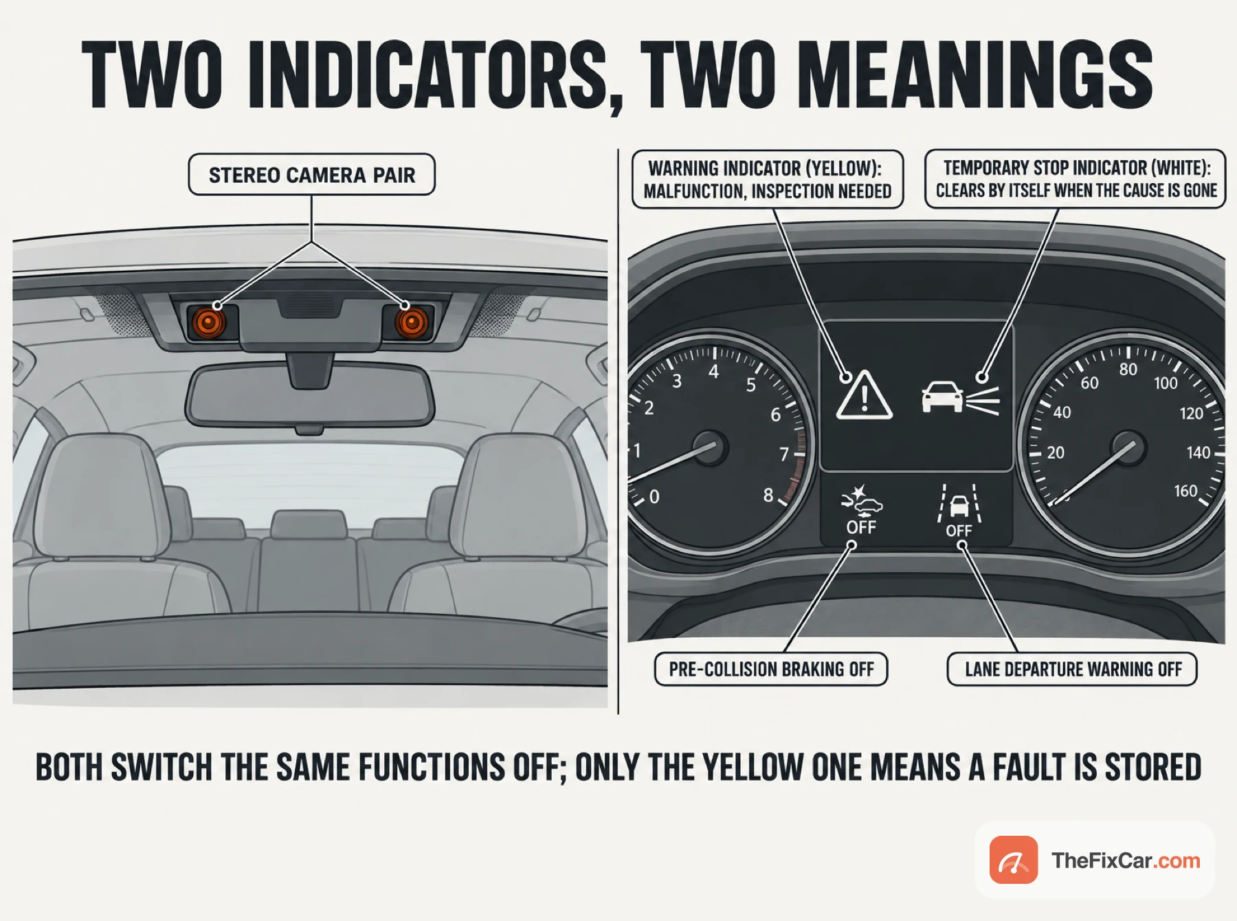 Drawing of a twin stereo camera pair at the top of a windshield beside the mirror, and an instrument cluster with a yellow warning indicator, a white temporary stop indicator and two OFF lamps