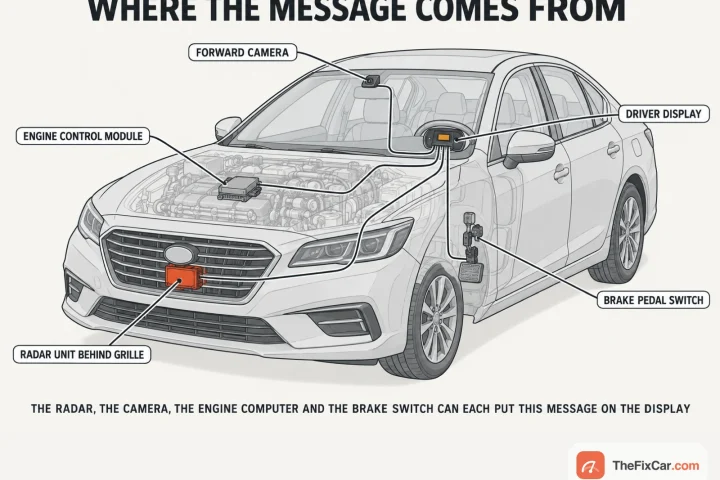 Cutaway drawing of a sedan showing the radar unit behind the grille in orange, the forward camera, the engine control module and the brake pedal switch, each linked to the driver display