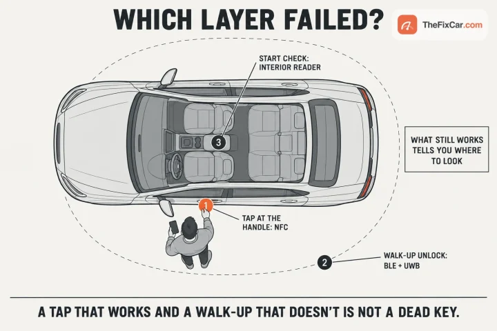 Drawing of a car from above with a person holding a phone at the driver door and three numbered checkpoints: NFC tap at the handle, BLE and UWB walk-up unlock, interior reader start check