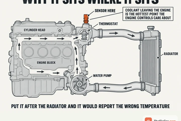 Coolant circuit diagram showing the temperature sensor at the thermostat housing where coolant leaves the engine