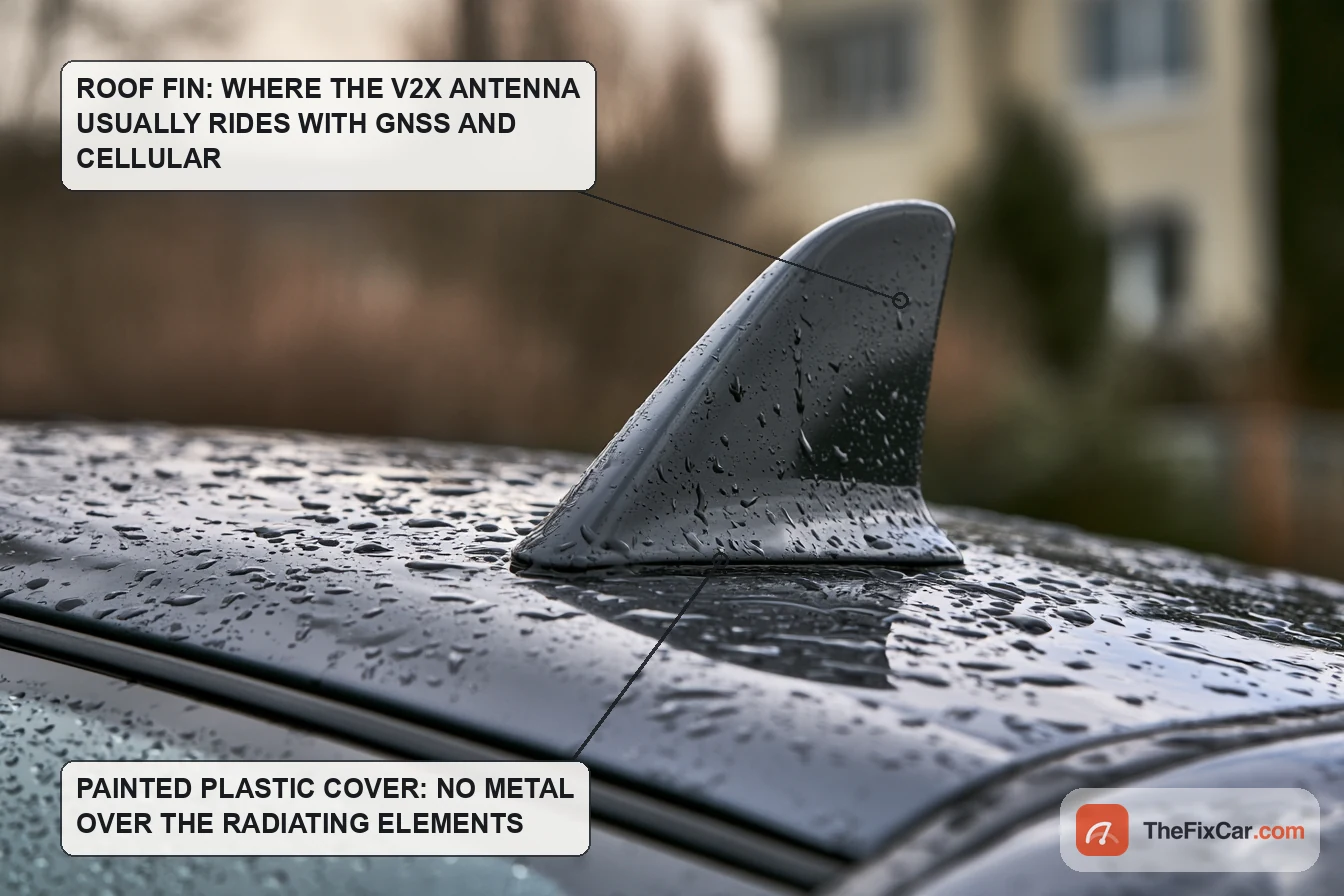 Close-up of a car roof shark-fin antenna in the rain with callouts on the antenna housing and its painted plastic cover