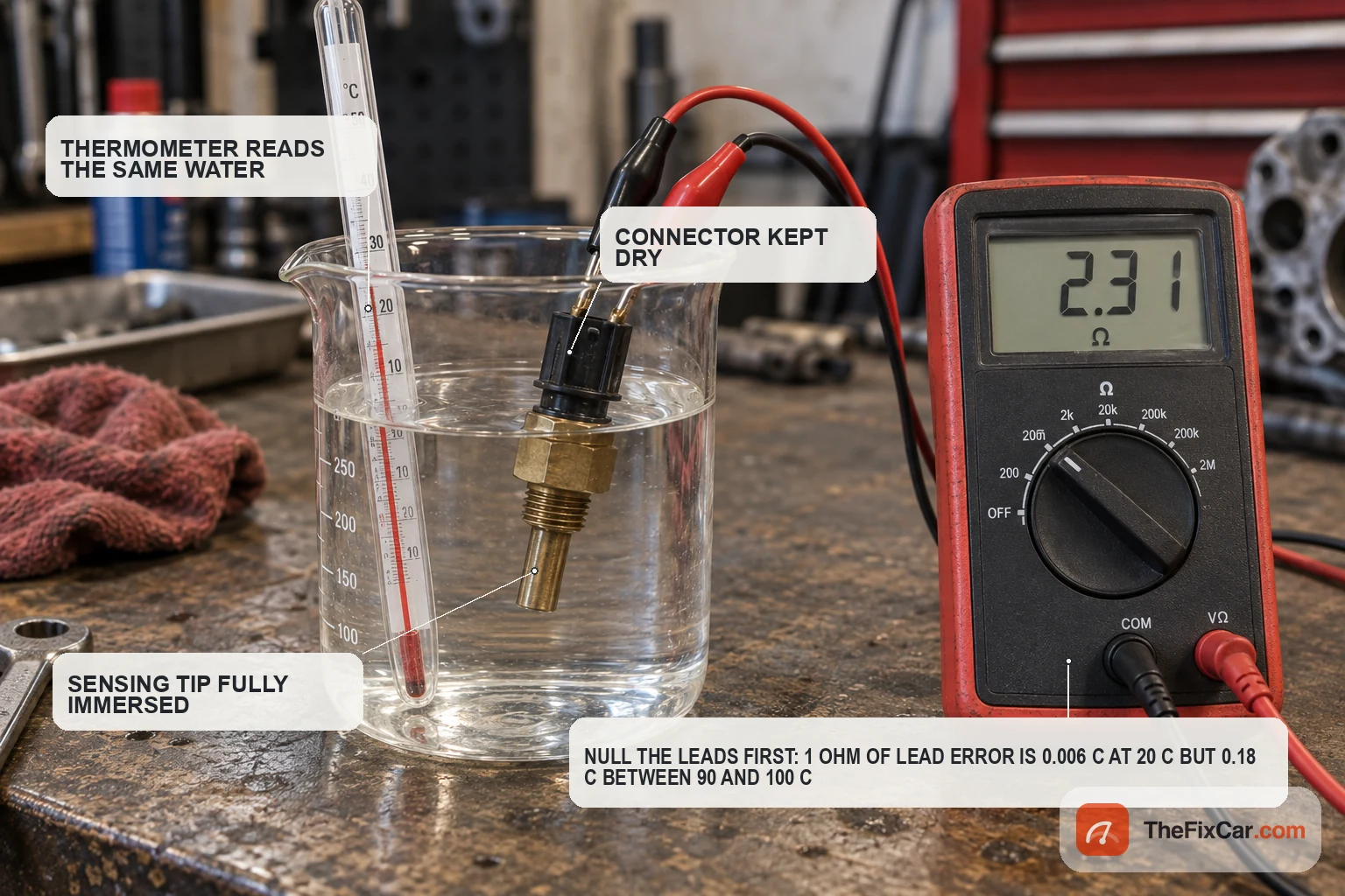 Coolant temperature sensor tip in a beaker of water at 20 C with a thermometer and a multimeter reading 2.31 kilo-ohms
