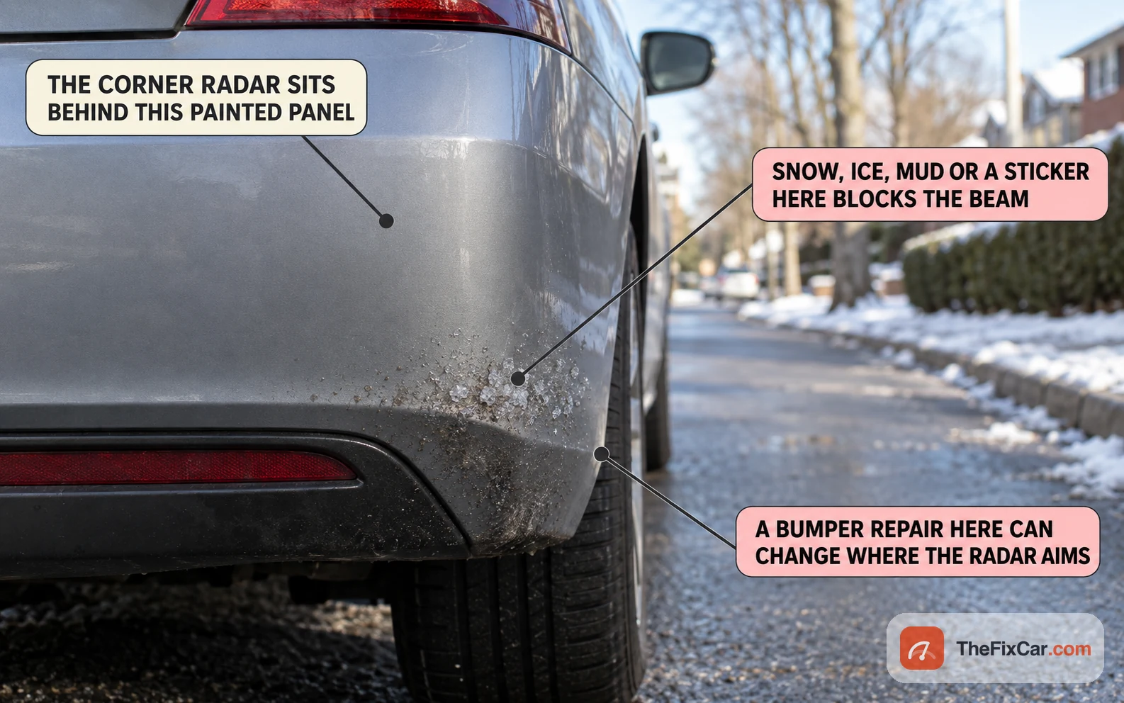 Rear bumper corner of a parked car with callouts marking where the corner radar sits behind the painted panel and where snow or a repair blocks or misaligns it