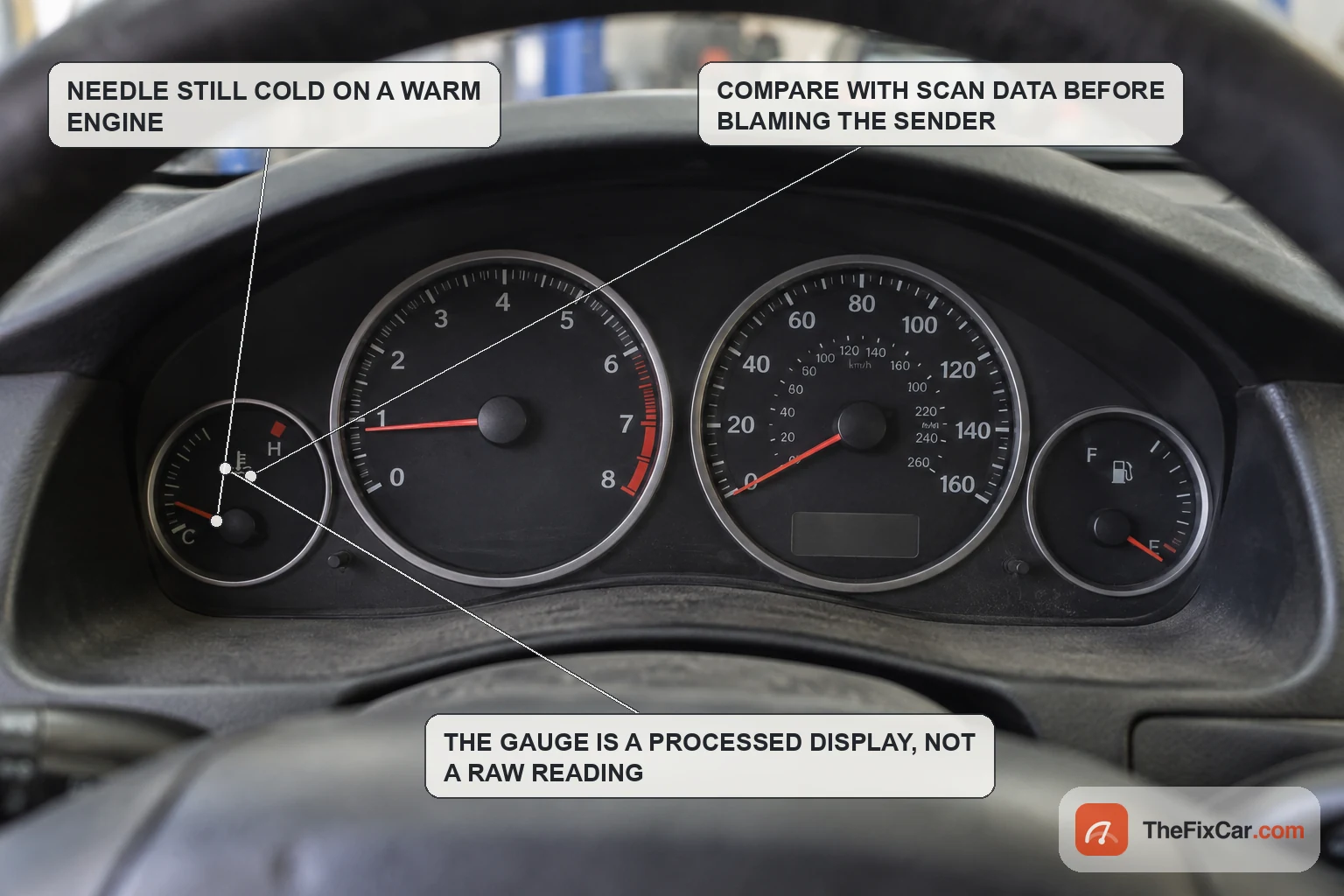 Instrument cluster on a running warm engine with the coolant temperature needle still at the cold end of the scale