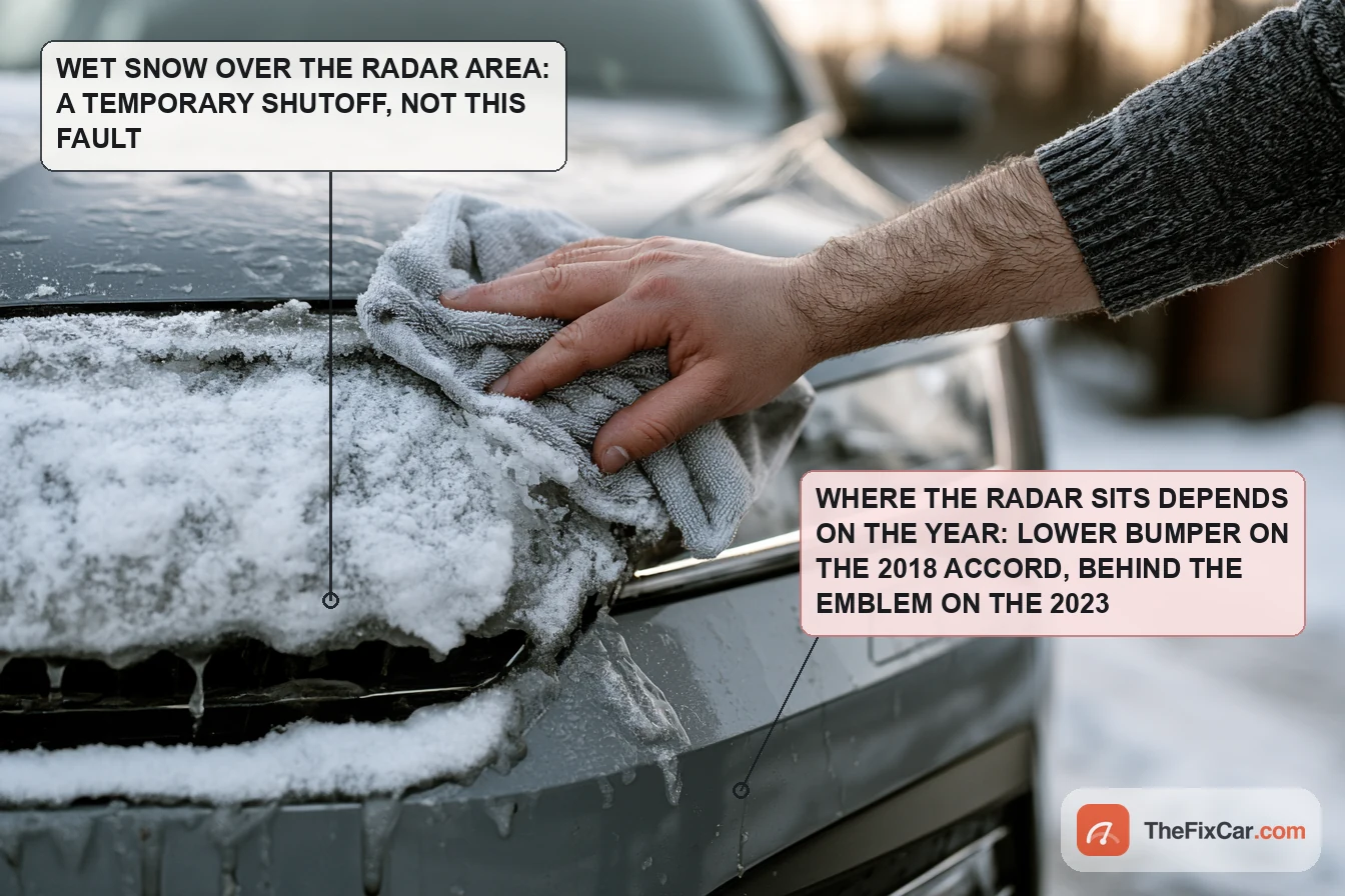 Hand wiping wet snow from the front grille of a grey sedan with a microfiber cloth, with callouts about the radar area