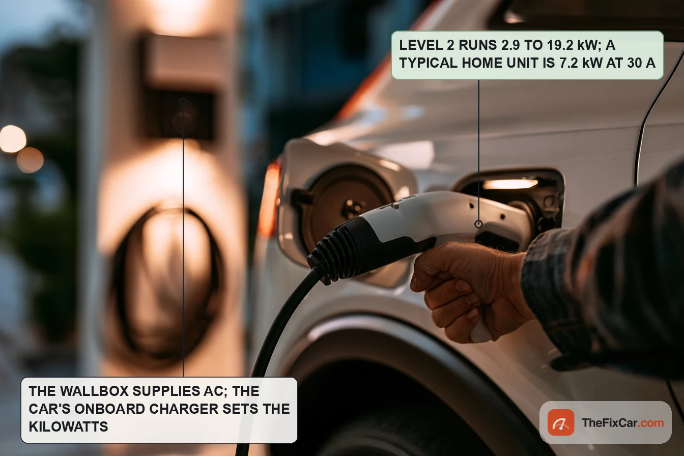 Hand plugging a charging connector into the charge port of an electric crossover in a home garage with a wall-mounted charging unit behind
