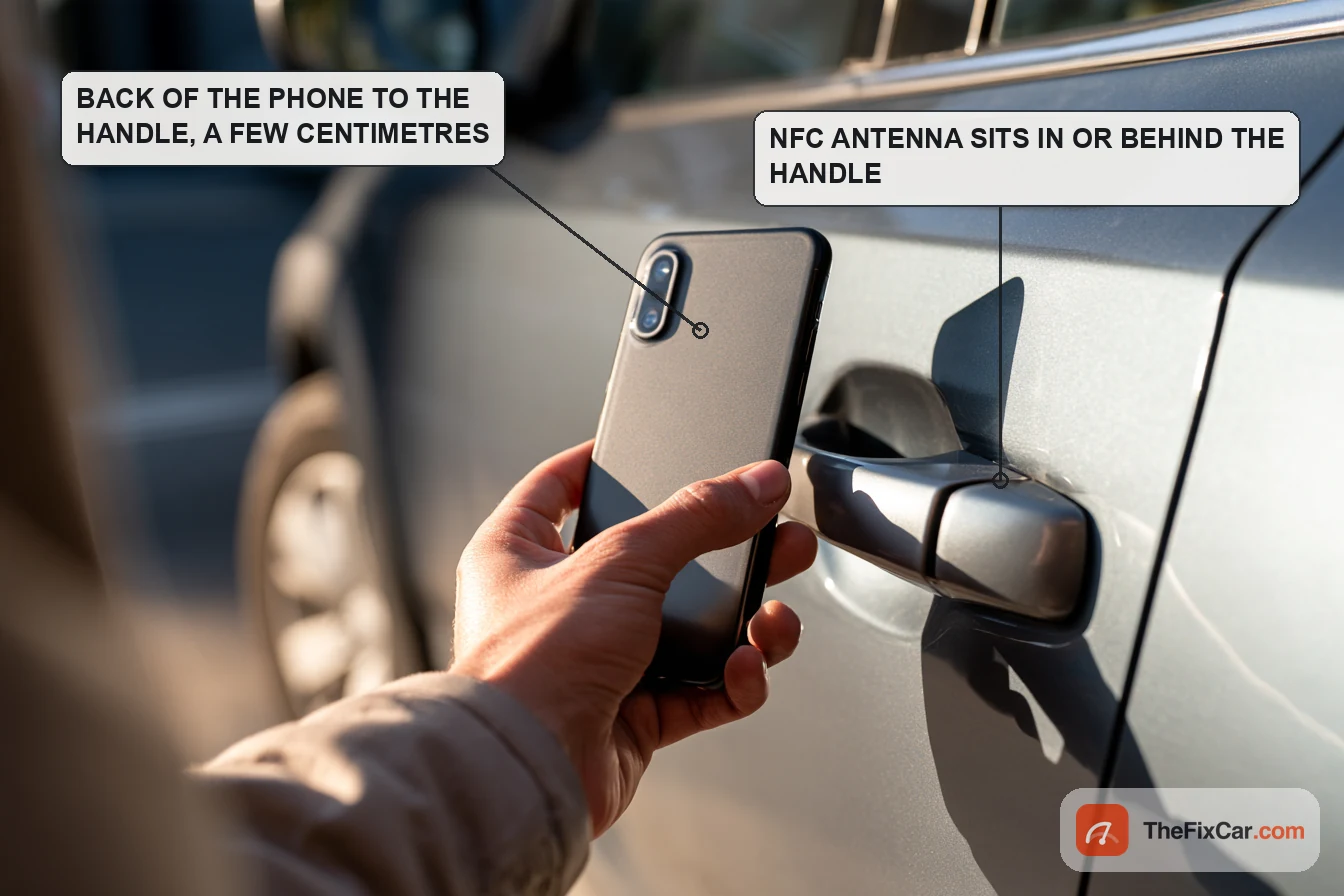 Hand holding a smartphone flat against the exterior door handle of a grey SUV to unlock it by NFC, with callouts
