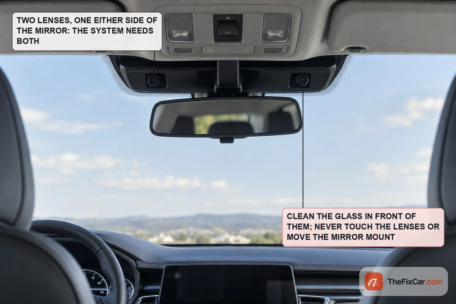 View from the rear seat of a twin-lens stereo camera housing at the top of a car windshield, one lens either side of the rearview mirror