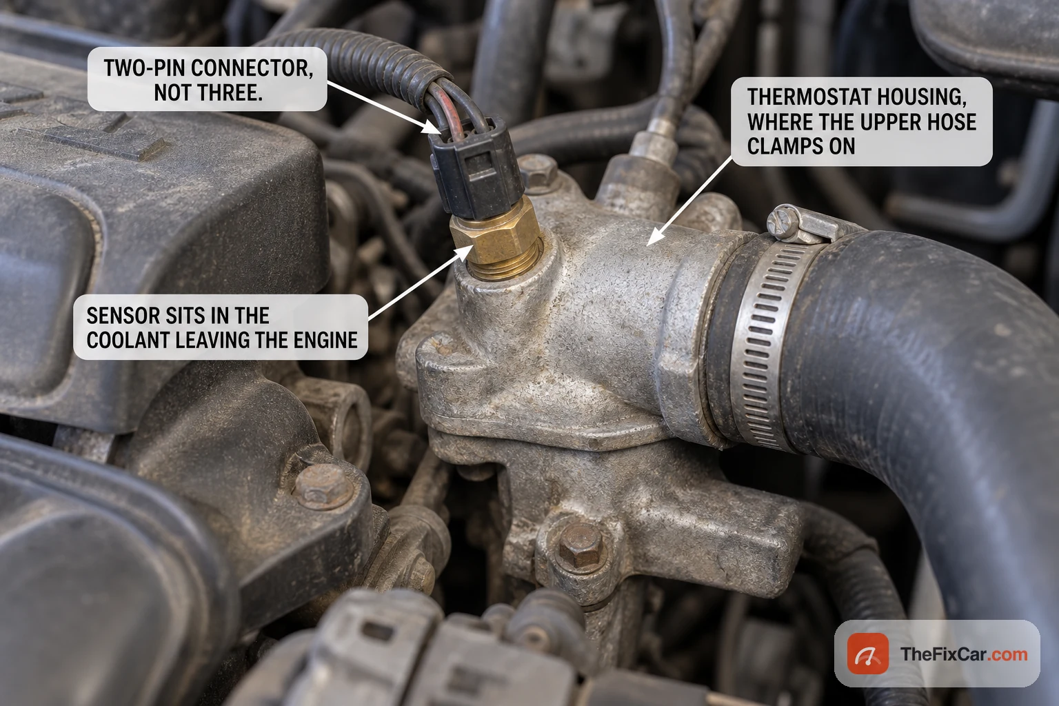 Coolant temperature sensor threaded into an aluminium thermostat housing where the upper radiator hose clamps on