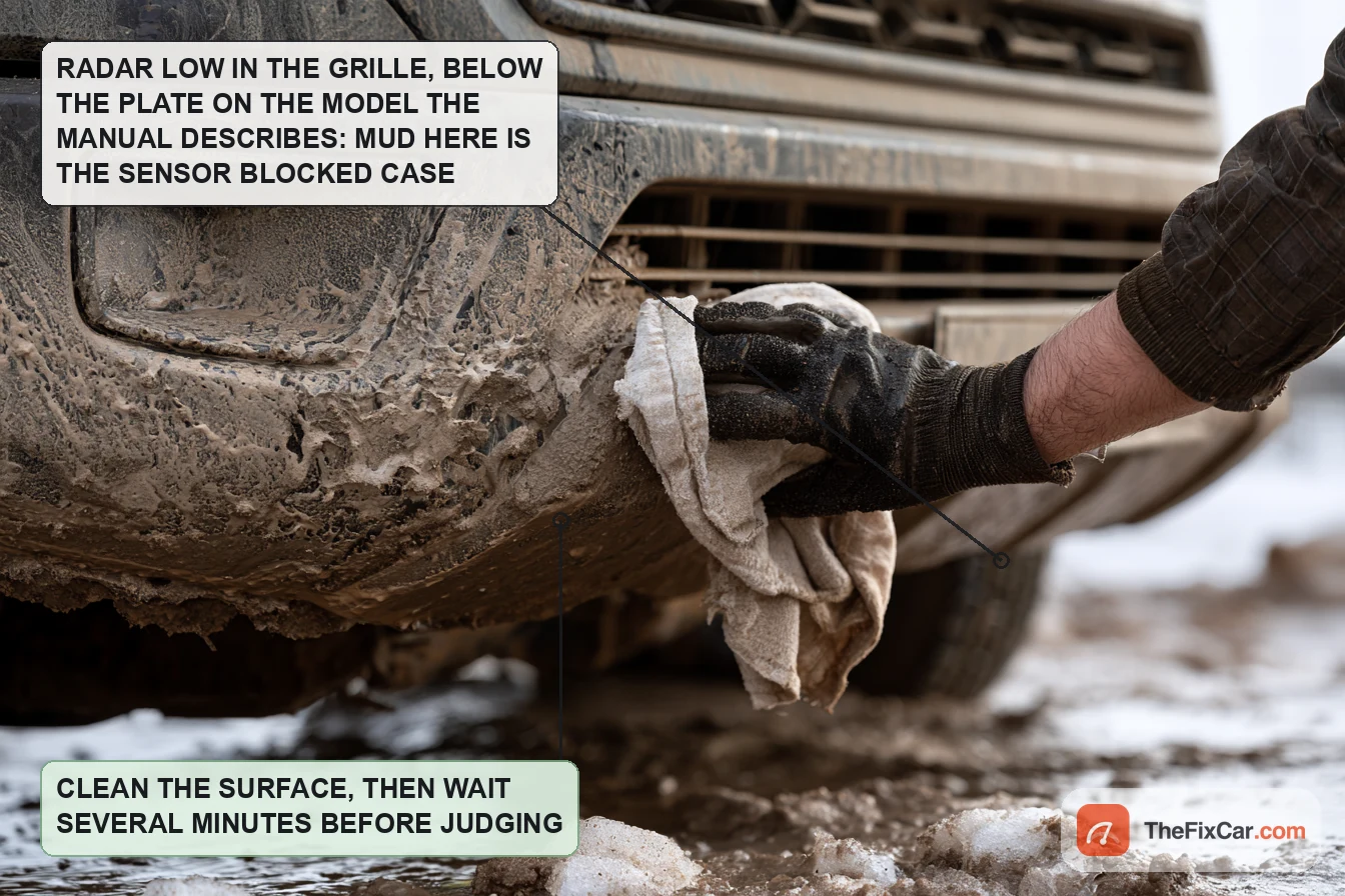 Gloved hand wiping mud and road salt from the lower grille of a large pickup truck with a rag