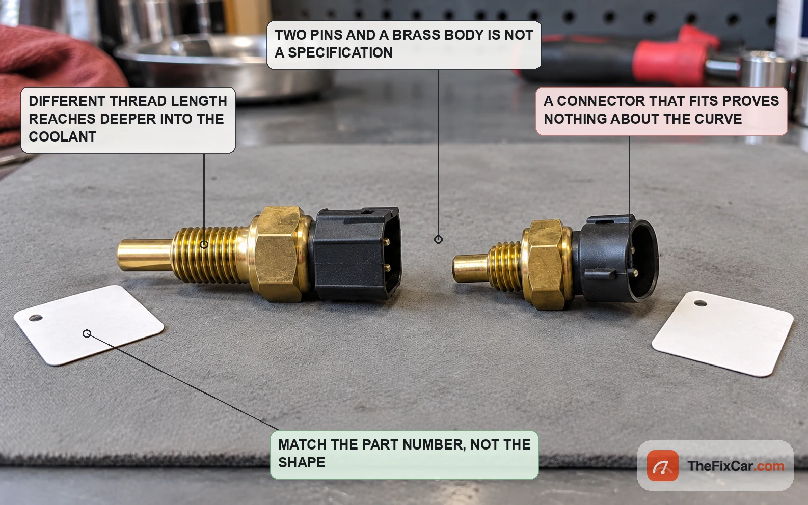 Two coolant temperature sensors side by side with different thread lengths and connectors