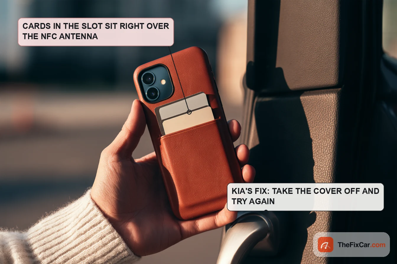 Hand holding a smartphone in a brown wallet case with two cards in the back slot against a car door handle, with callouts
