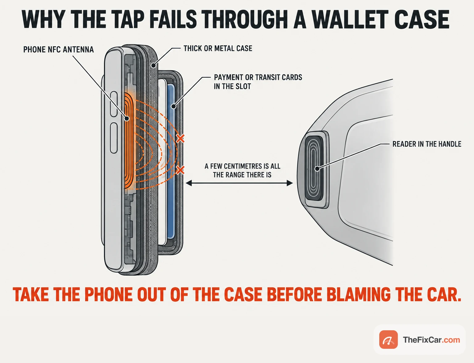 Drawing of a cutaway phone with its NFC antenna in orange, a thick case and cards in a slot, and field lines stopping at the cards before a door-handle reader