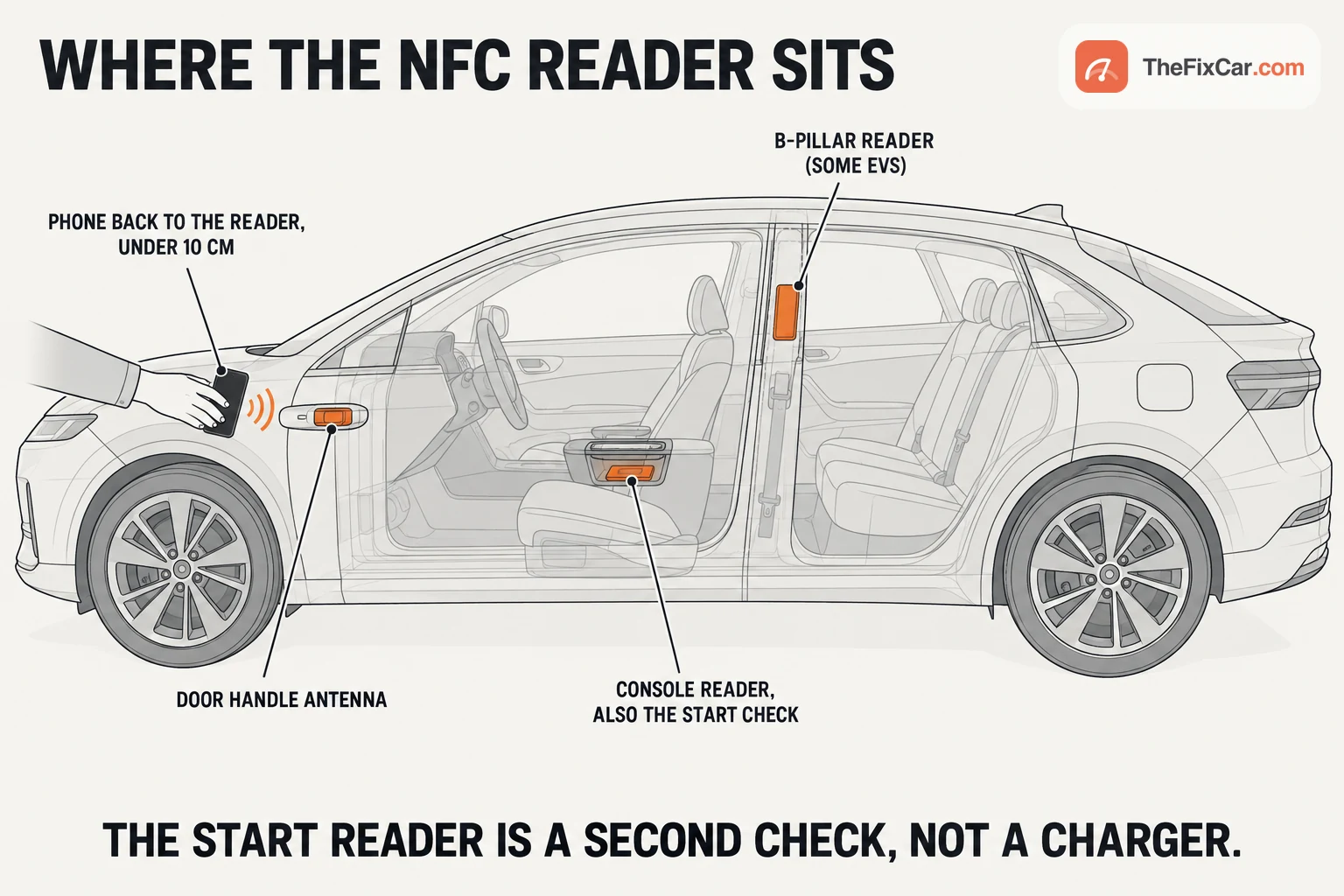 Drawing of a car in side view with three NFC readers highlighted in orange: door handle antenna, B-pillar reader and console reader under the wireless charging tray
