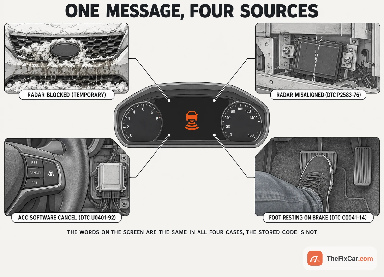 Drawing of an instrument cluster with four vignettes: snow-packed grille, tilted radar unit, cruise control buttons with engine module, and a foot on the brake pedal, each labelled with its Honda code