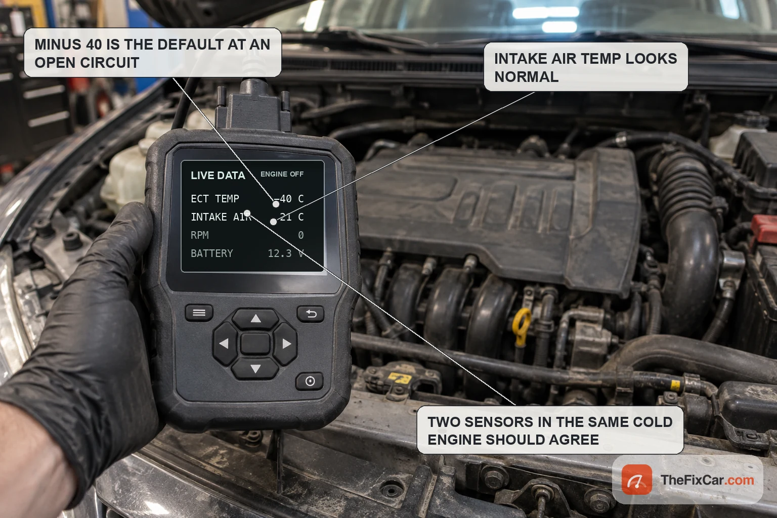 Scan tool showing engine coolant temperature at minus 40 C while intake air temperature reads 21 C on a cold engine