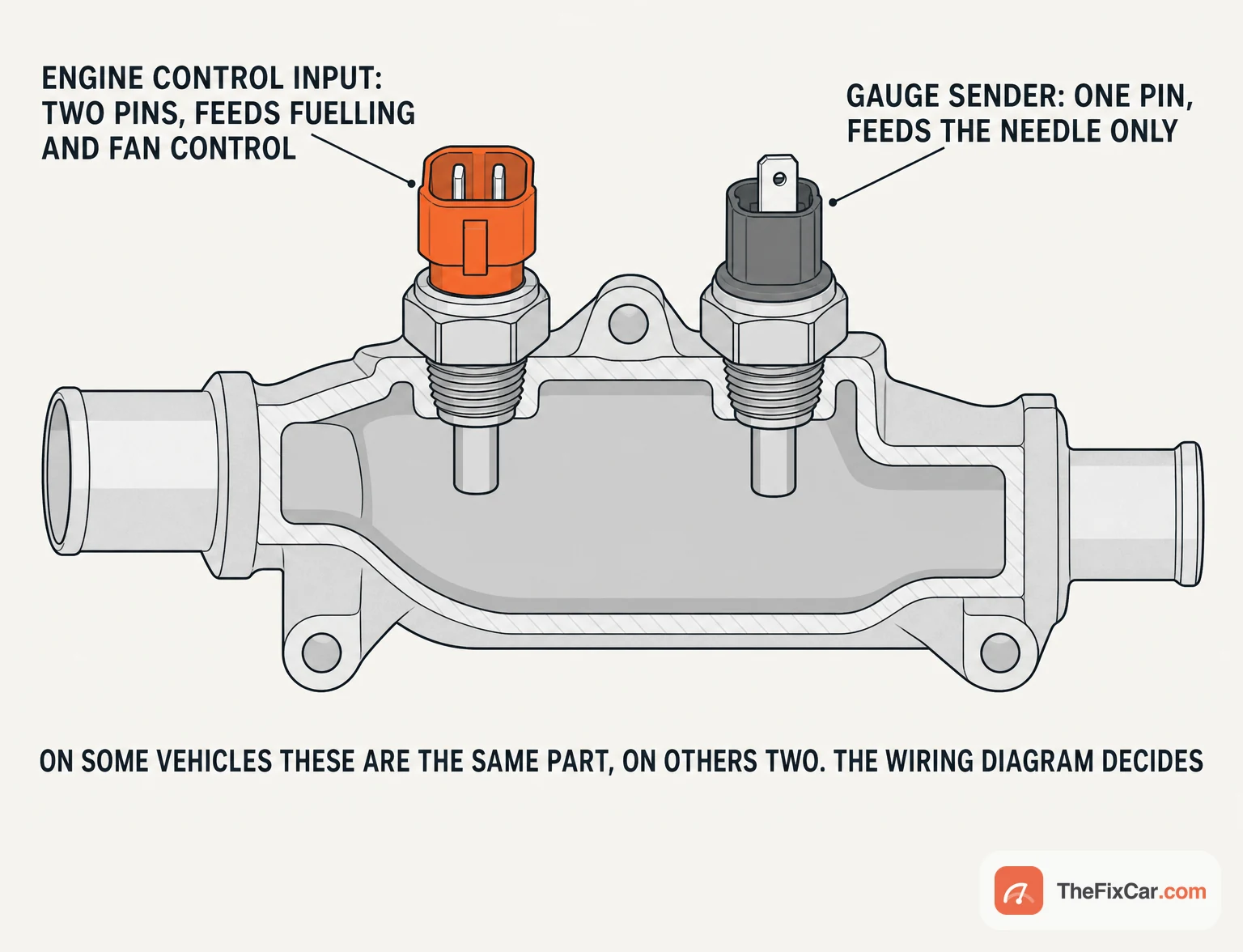 Cutaway of a coolant housing with two separate senders, a two-pin engine control input and a single-pin gauge sender