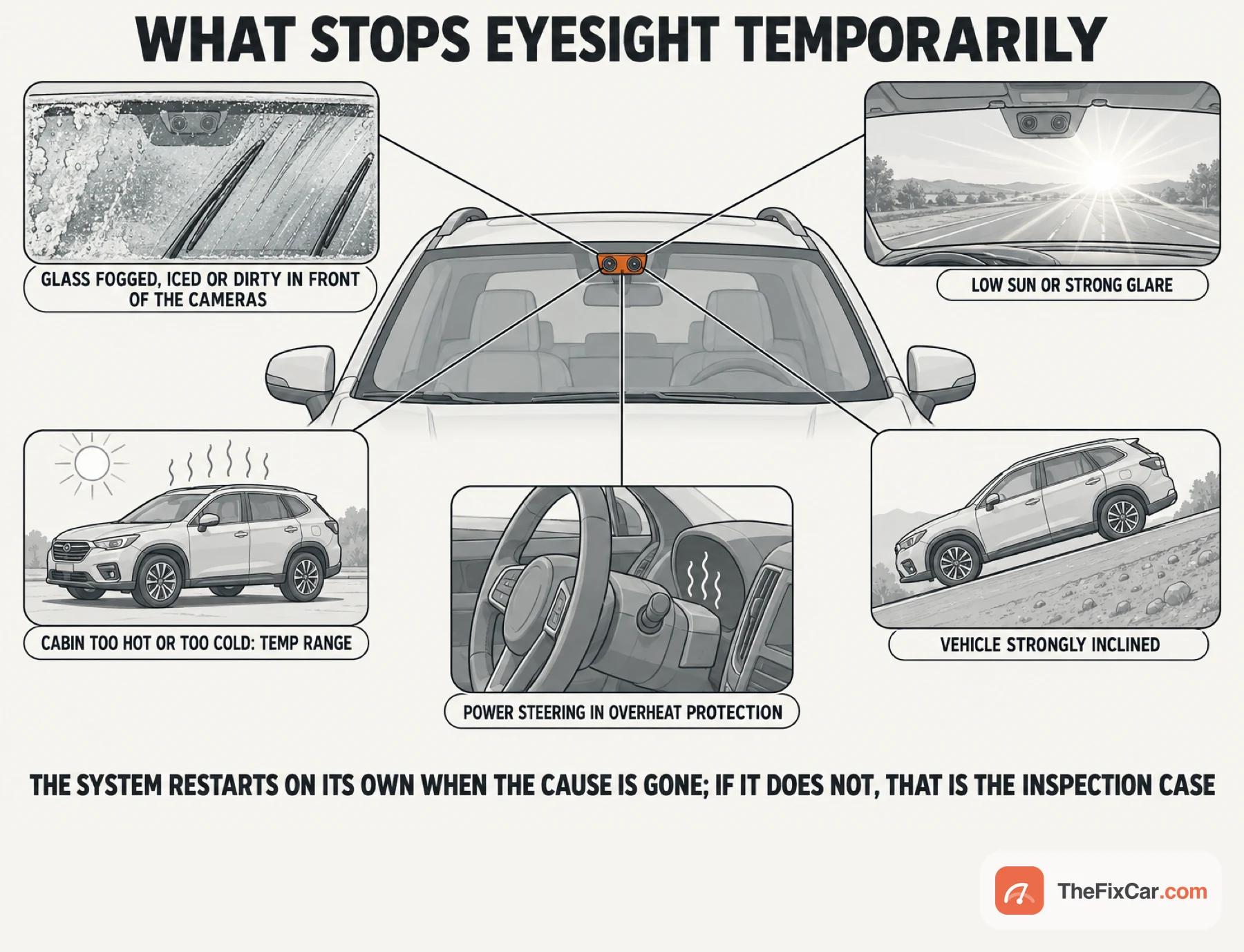 Drawing of a stereo camera housing surrounded by vignettes of a fogged windshield, low sun, a car in blazing heat, a car on a steep incline and a steering wheel with heat waves