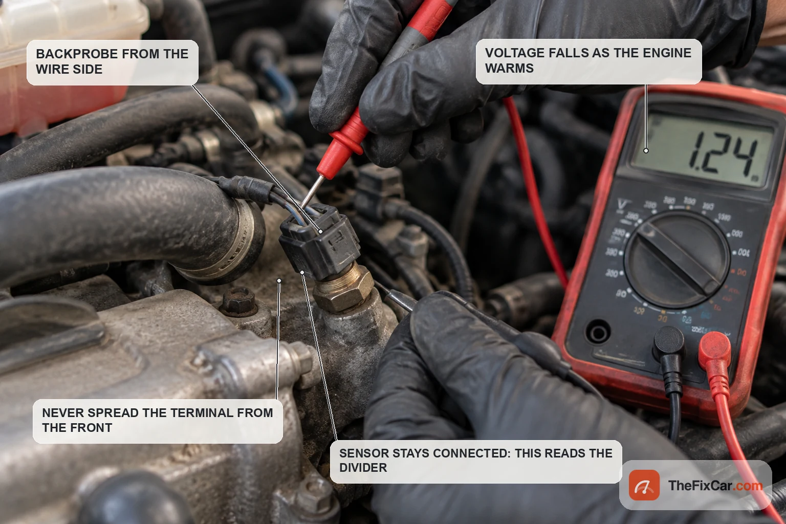 Backprobing the signal wire of a connected coolant temperature sensor connector with a multimeter reading 1.24 volts